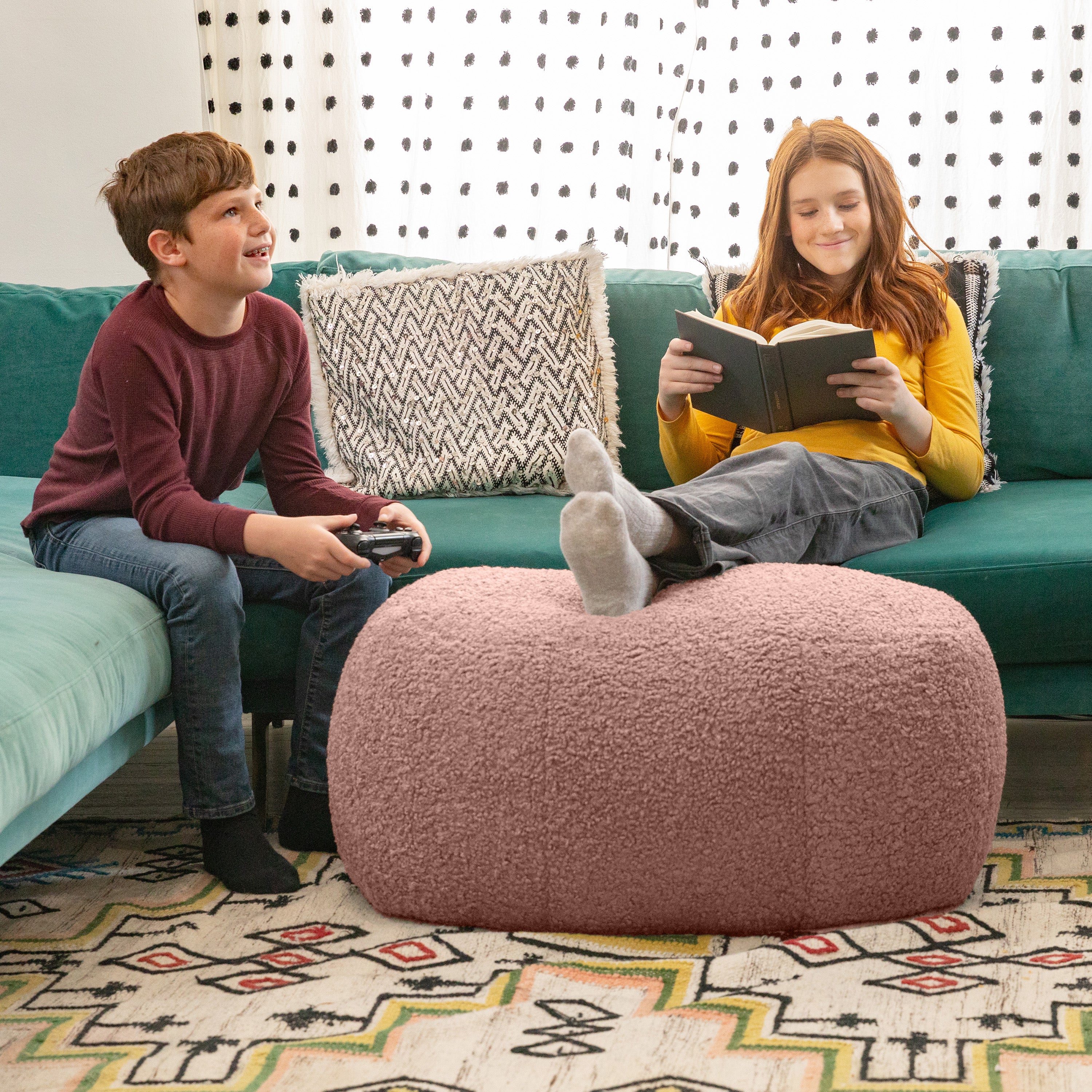 Jaxx Ellis Ottoman Shearling Faux-Lamb Plush Pouf for Modern Interior Design, Oval, Pink