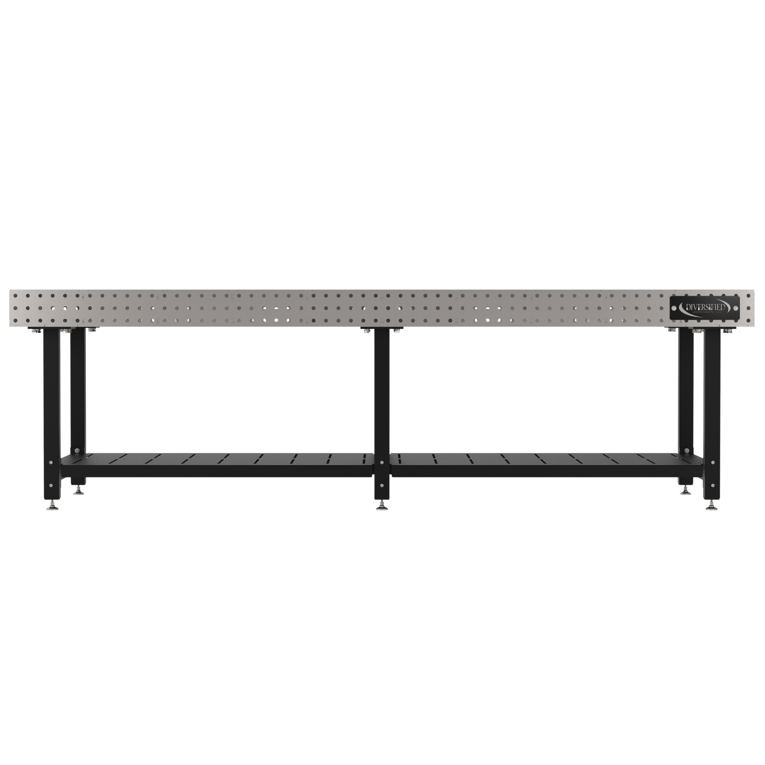 Welding Fixture Table, Fixed Height, 36"H x 120"L x 48"D, 1/4" Carbon Steel Top, Six Black Powdercoat Legs, Shelf, Self-Leveling Feet