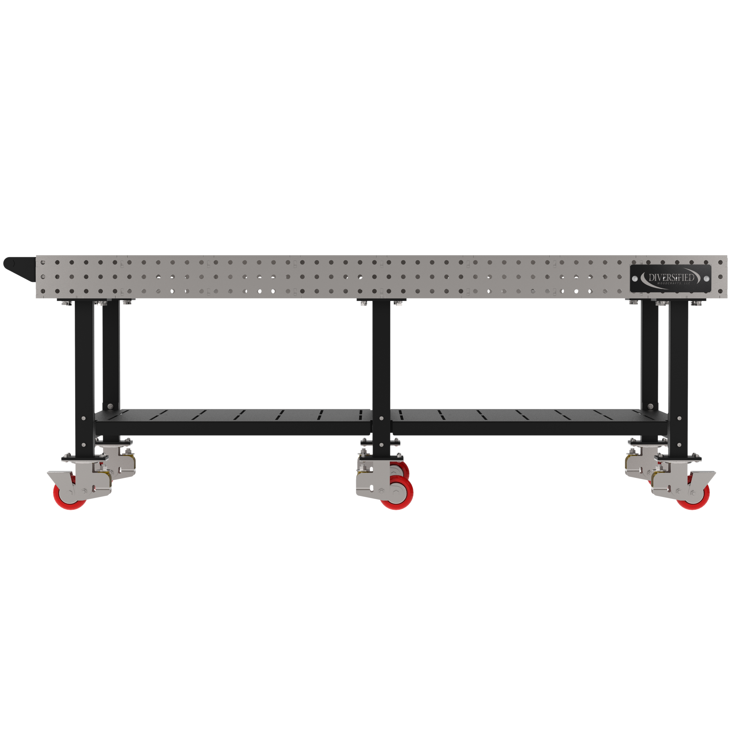 Welding Fixture Table, Fixed Height, 36"H x 96"L x 48"D, 1/4" Carbon Steel Top, Six Black Powdercoat Legs, Shelf, Handle, 6 Heavy Duty Suspension Casters (4 Locking/Swiveling Casters and 2 Non-Locking/Non-SwivelingCasters)