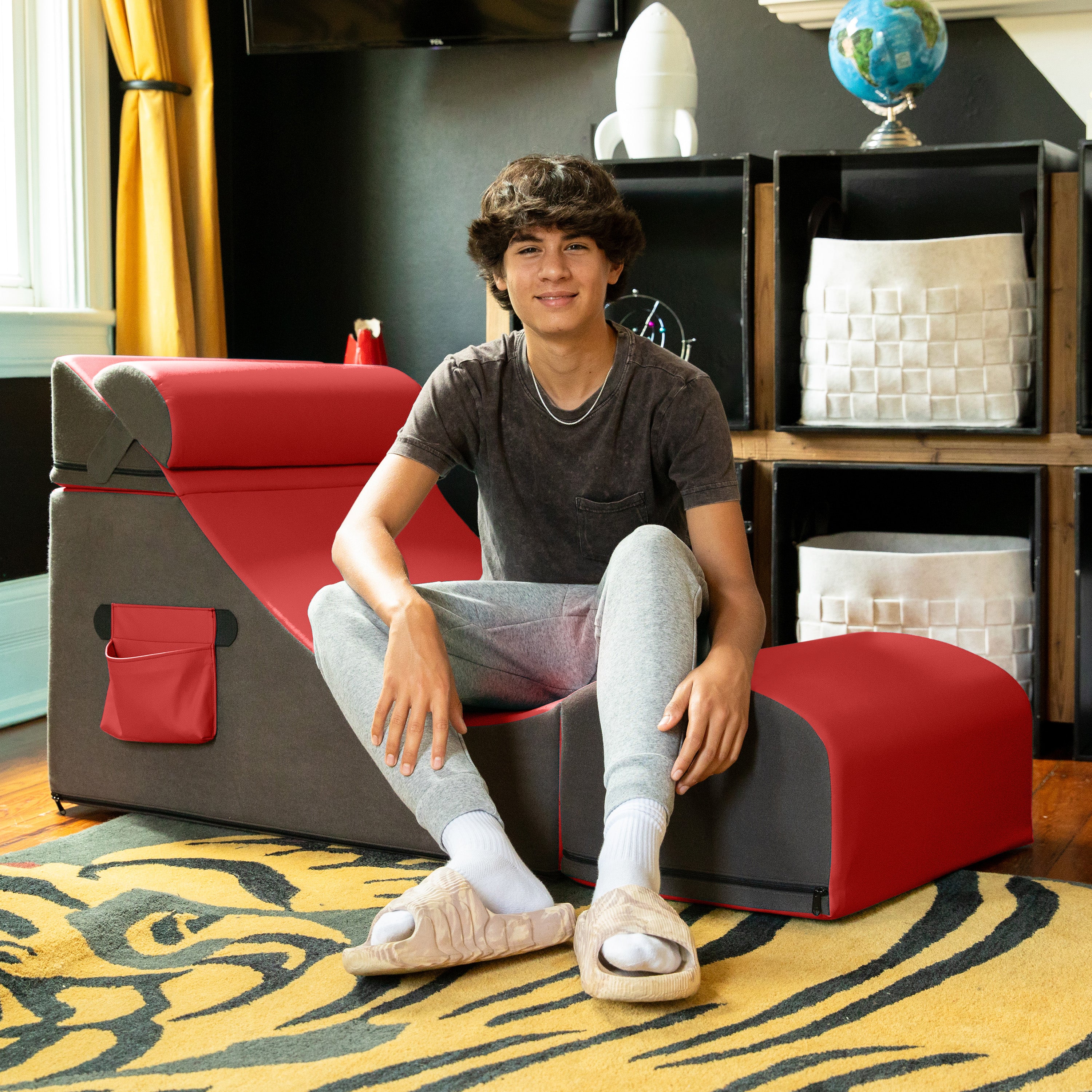 Jaxx Flexx V-Tex Convertible 3 in 1 Gamer Chair, Table, & Ottoman w/ Adjustable Headrest & Pocket - Vinyl Red