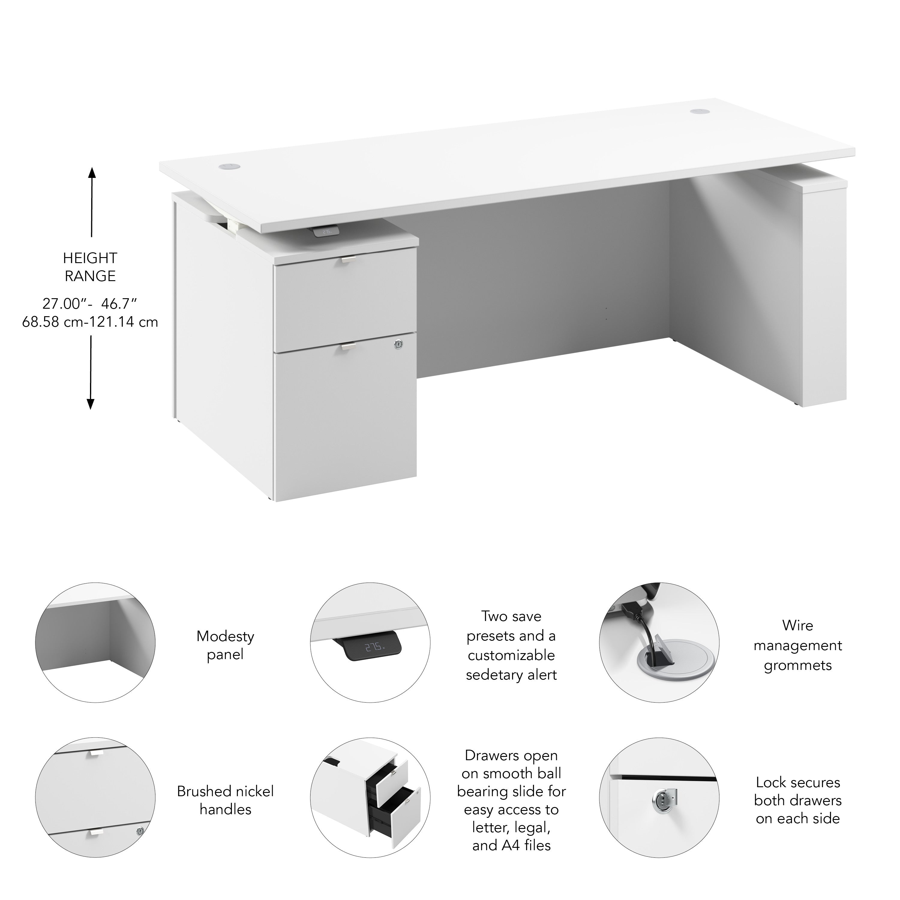 Bush Business Furniture Stratus&nbsp;72W x&nbsp;30D Eletric Height Adjustable Standing Desk with File Cabinet in White with White Base - 71.02" Width x 29.37" Depth x 27.44" Height