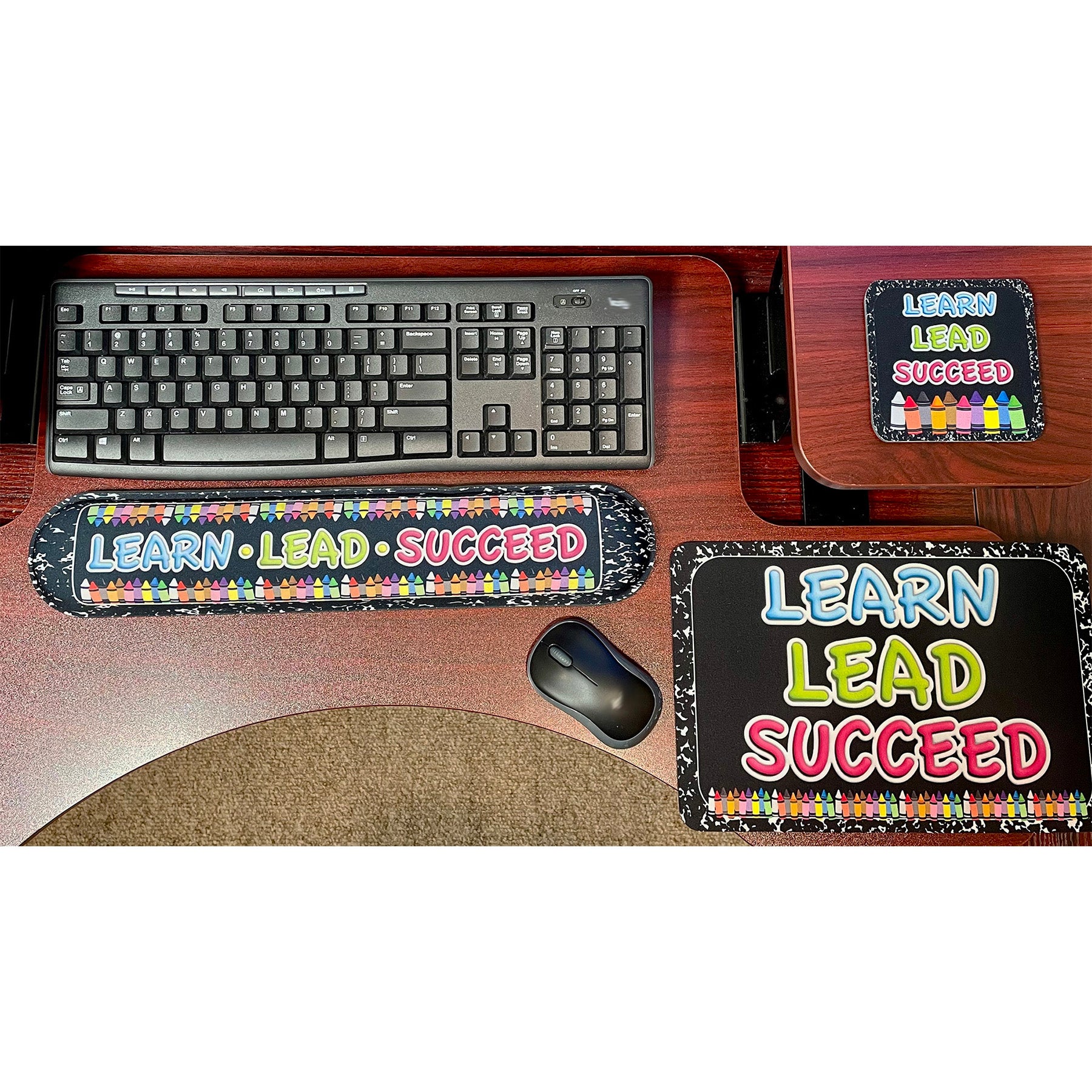 The Original Fun Mat® Computer Desk Mats, Set of 3, (1) Mouse Pad, (1) Keyboard Wrist Pad, (1) Coaster, Learn, Lead, Succeed, Crayon Composition