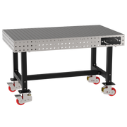 Welding Fixture Table, Fixed Height, 36"H x 60"L x 36"D, 1/4" Carbon Steel Top, Four Black  Powdercoat Legs, 4 Heavy Duty Suspension Casters (2 Locking/Swiveling Casters and 2 Non-Locking/Non-SwivelingCasters)