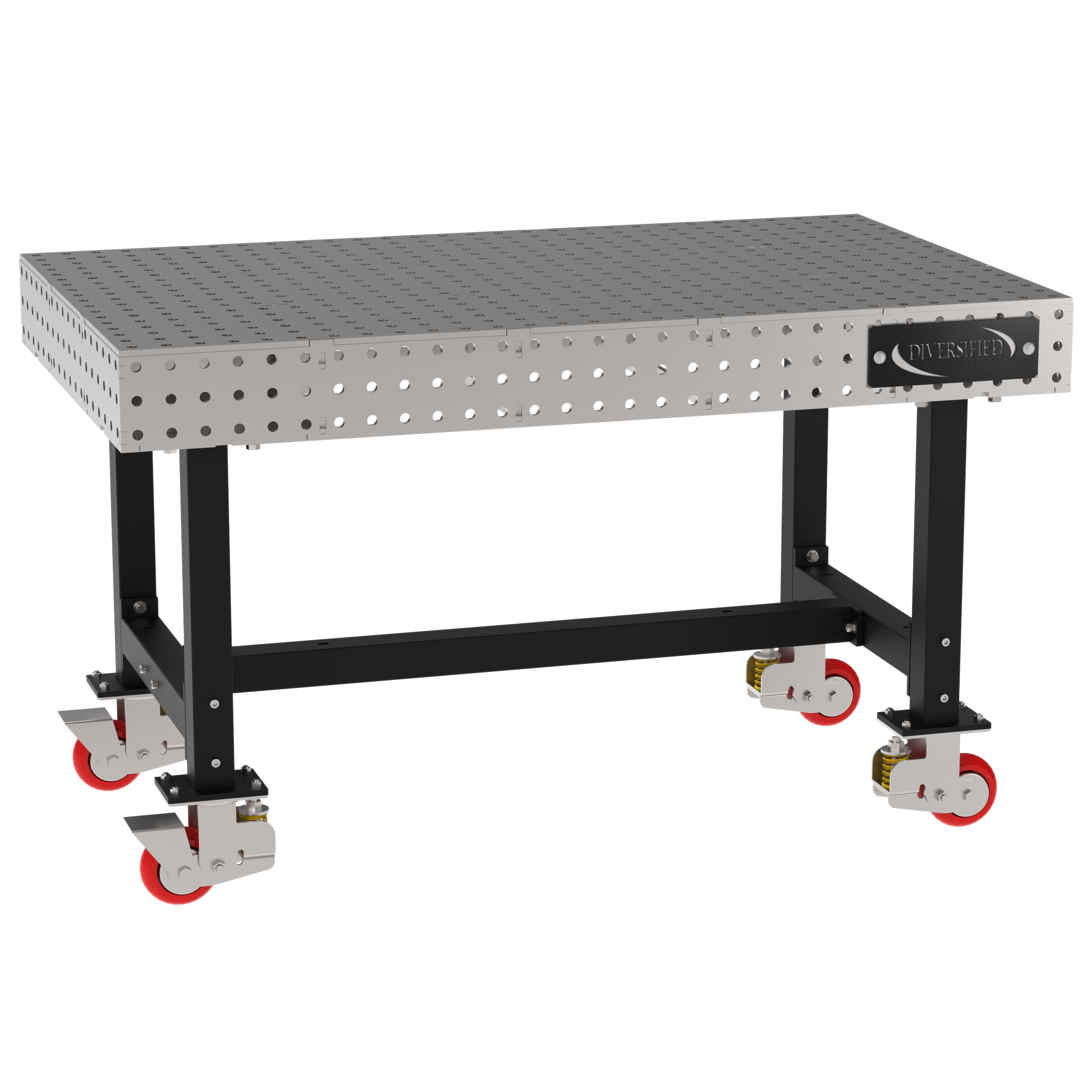 Welding Fixture Table, Fixed Height, 36"H x 60"L x 36"D, 1/4" Carbon Steel Top, Four Black  Powdercoat Legs, 4 Heavy Duty Suspension Casters (2 Locking/Swiveling Casters and 2 Non-Locking/Non-SwivelingCasters)