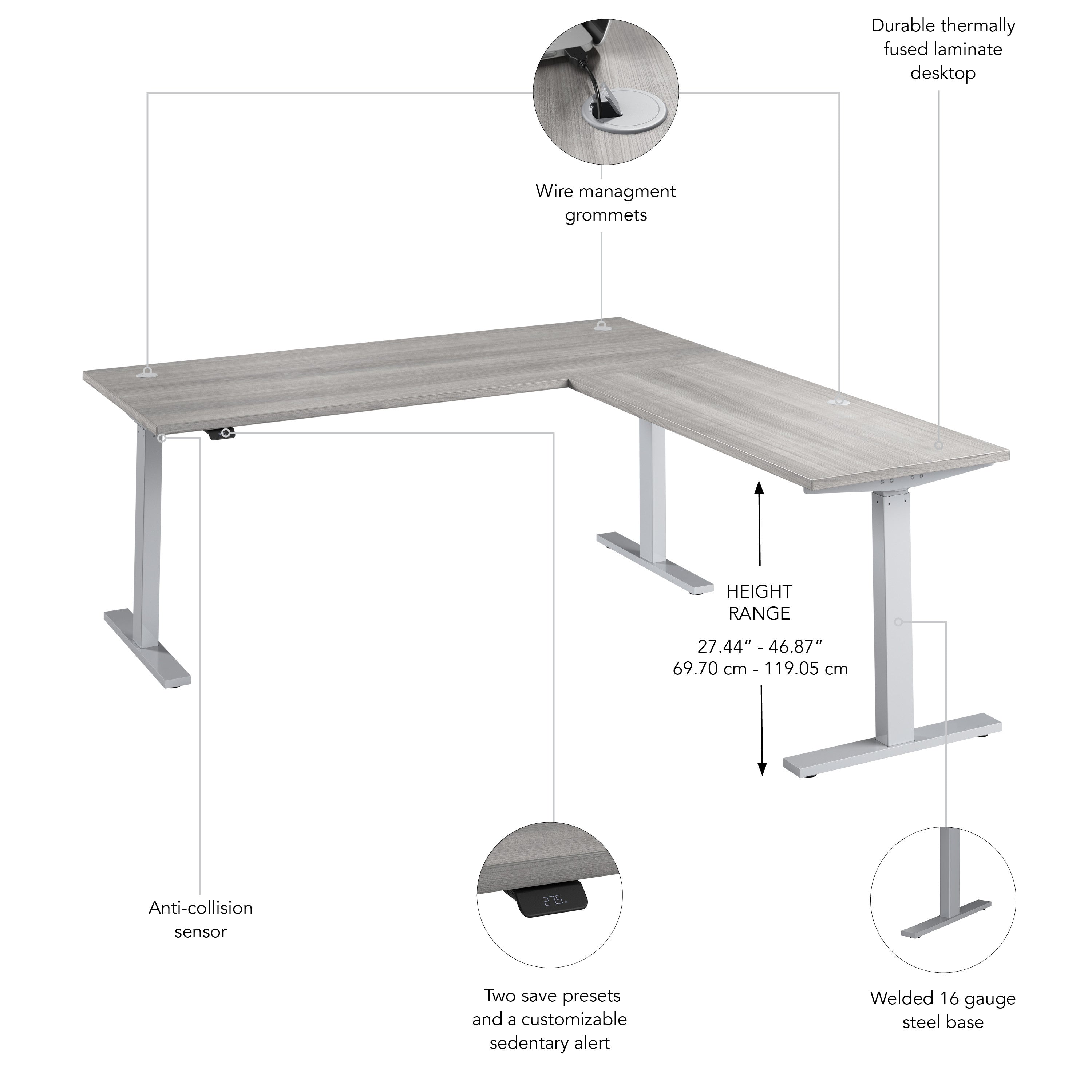 Bush Business Furniture Move 60 Series 72W Height Adjustable L Shaped Standing Desk in Platinum Gray with Metallic Gray Base - 71.02" Width x 76.97" Depth x 27.44" Height