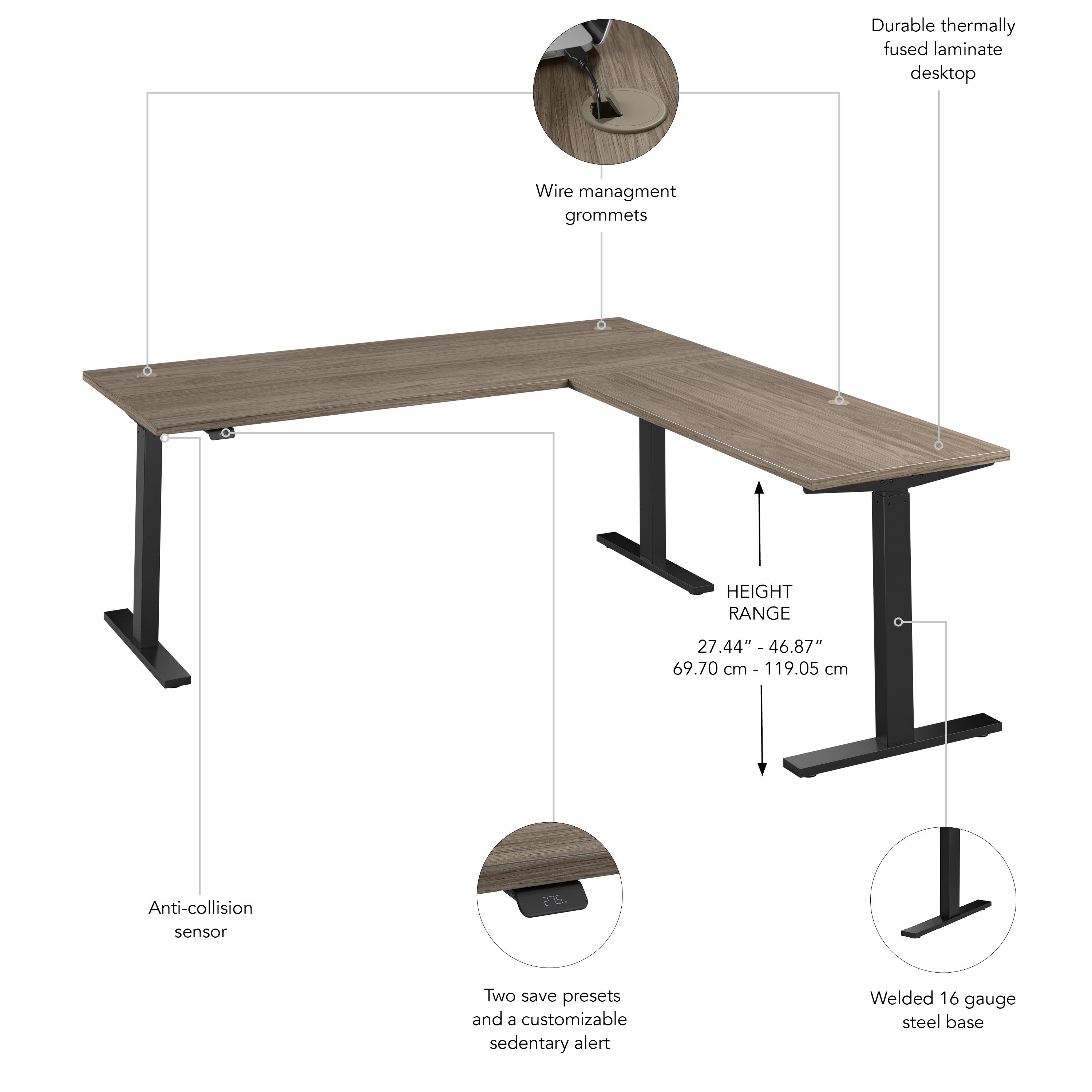 Bush Business Furniture Move 60 Series 72W Height Adjustable L Shaped Standing Desk in Modern Hickory with Black Base - 71.02" Width x 76.97" Depth x 27.44" Height