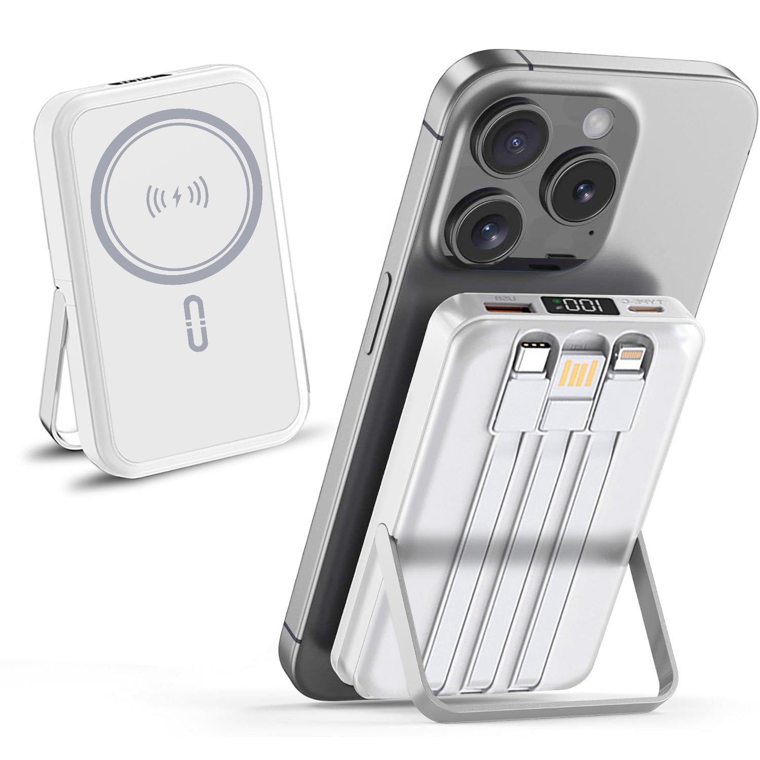 10,000mAh Magnetic Wireless Power Bank with Metal Stand + Built-in Cables, White