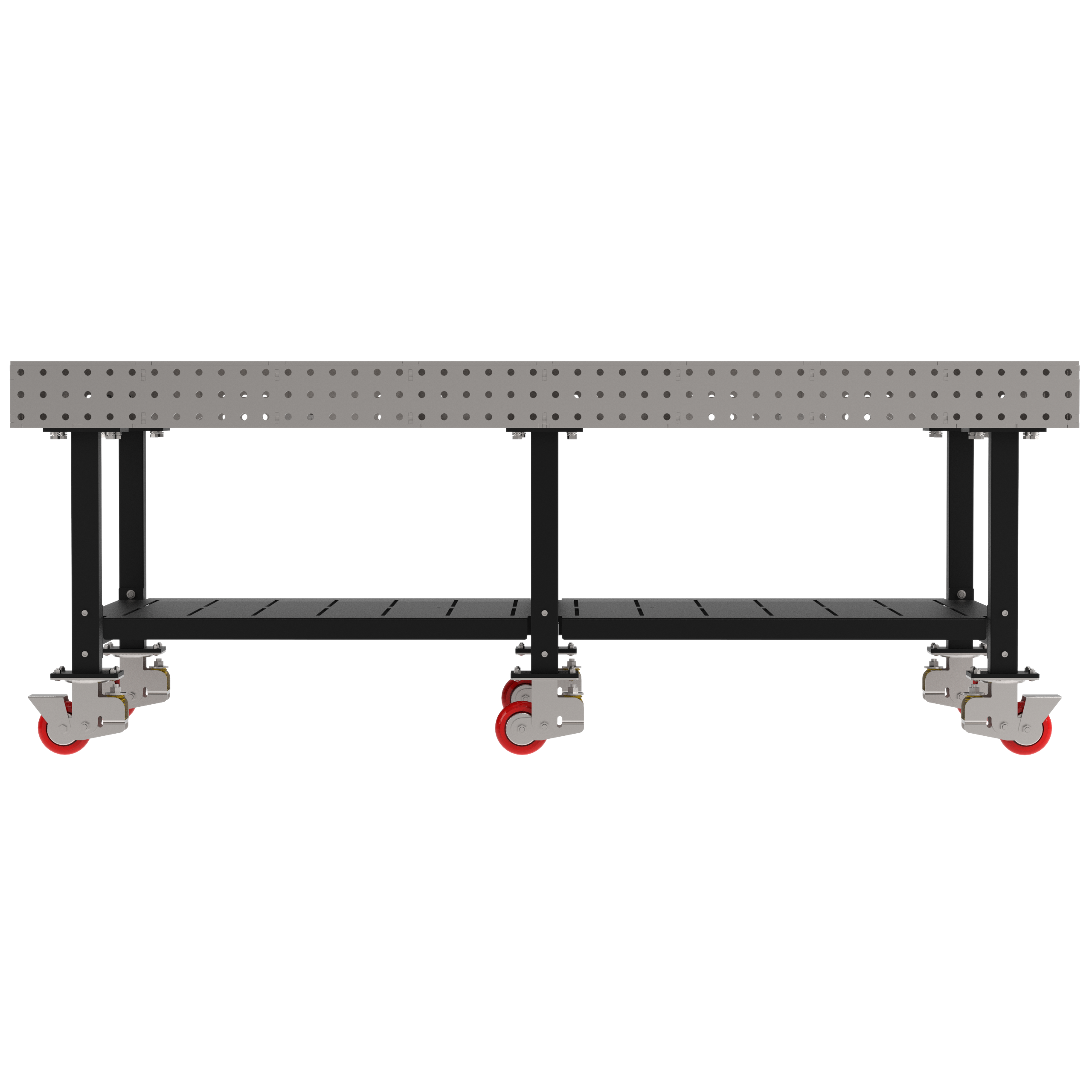 Welding Fixture Table, Fixed Height, 36"H x 96"L x 48"D, 1/4" Carbon Steel Top, Six Black Powdercoat Legs, Shelf, 6 Heavy Duty Suspension Casters (4 Locking/Swiveling Casters and 2 Non-Locking/Non-SwivelingCasters)