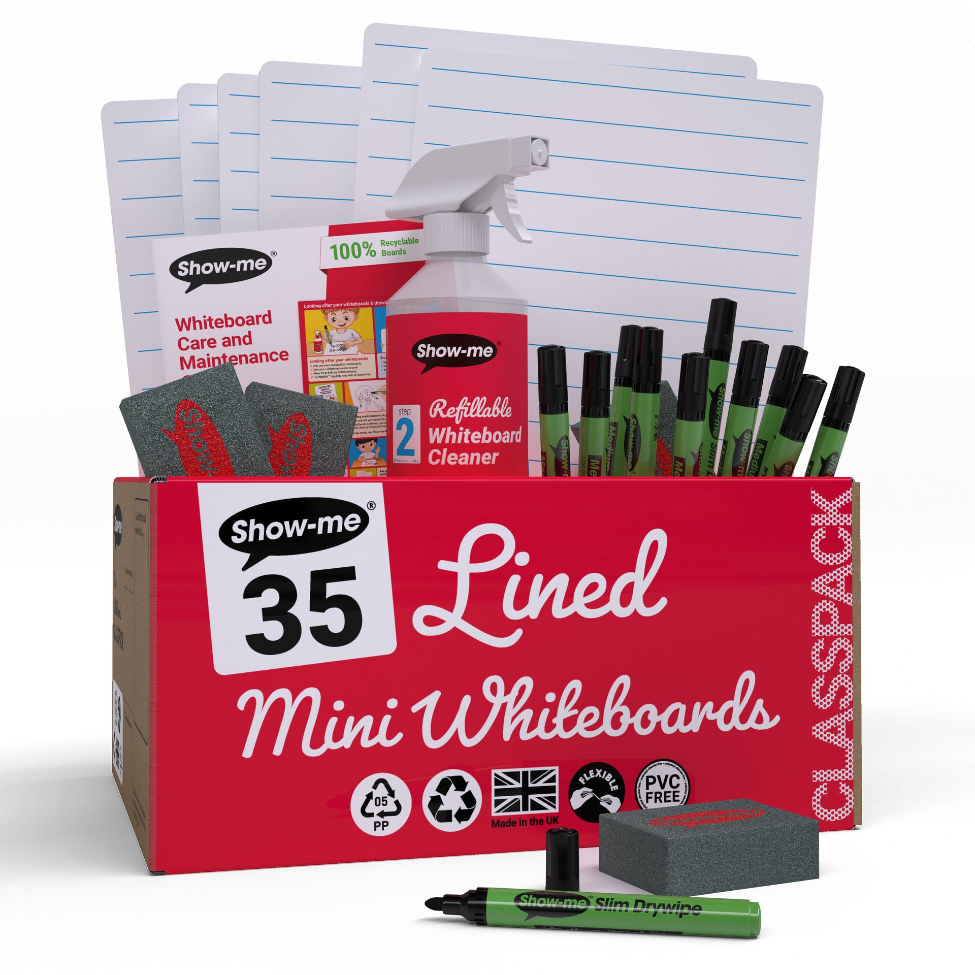 Classpack of 35 x Lined/Plain 8" x 12" Lapboards, with Pens, Erasers, Cleaner