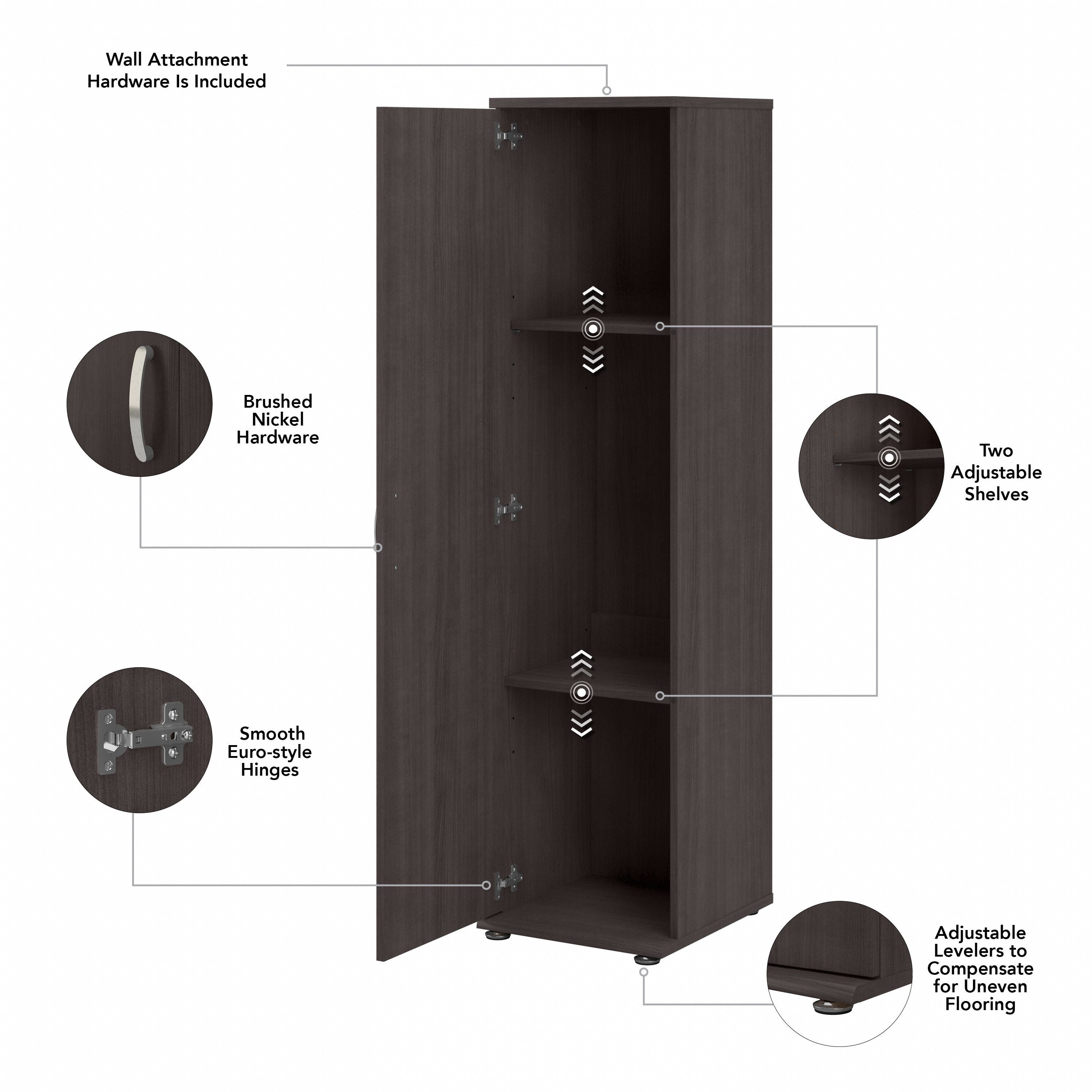 Bush Business Furniture Universal Tall Narrow Storage Cabinet with Door and Shelves in Storm Gray - 15.67" Width x 17.2" Depth x 61.81" Height