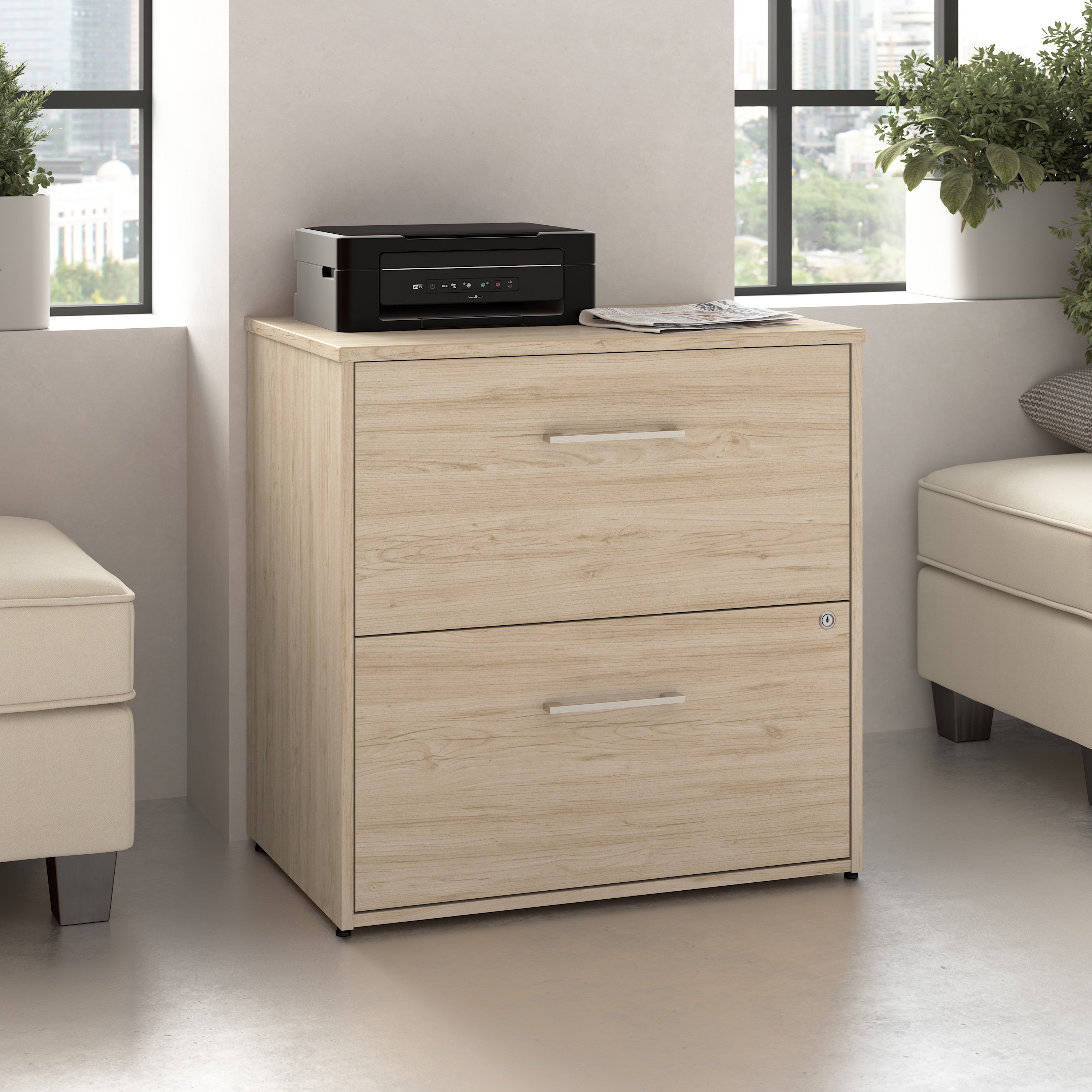 Bush Business Furniture Hustle 2 Drawer Lateral File Cabinet with Lock in Natural Elm - Assembled - 29.65" Width x 19.61" Depth x 30" Height