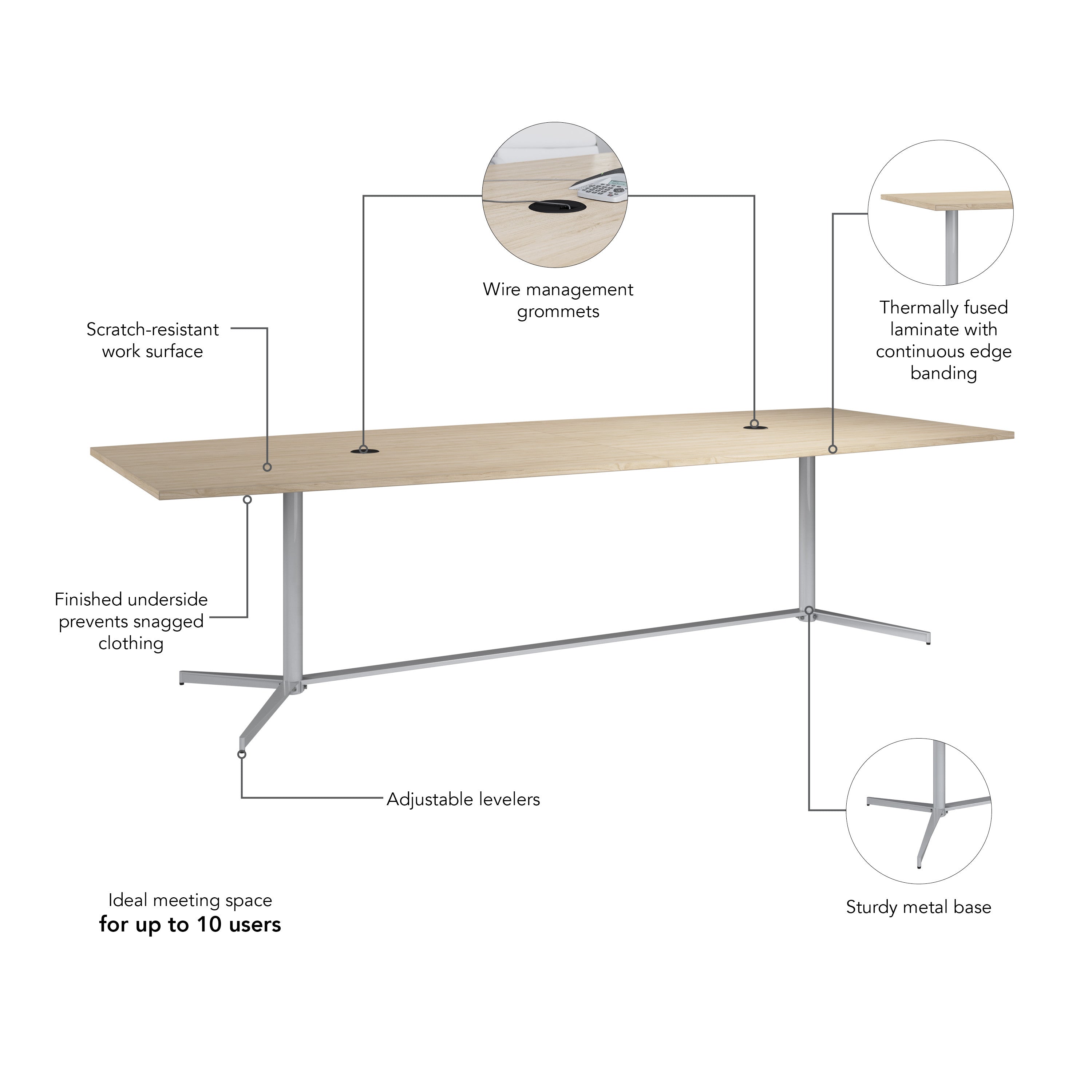 Bush Business Furniture 120-inch Office Conference Table with Metal Base in Natural Elm - 119.21" Width x 47.51" Depth x 28.65" Height