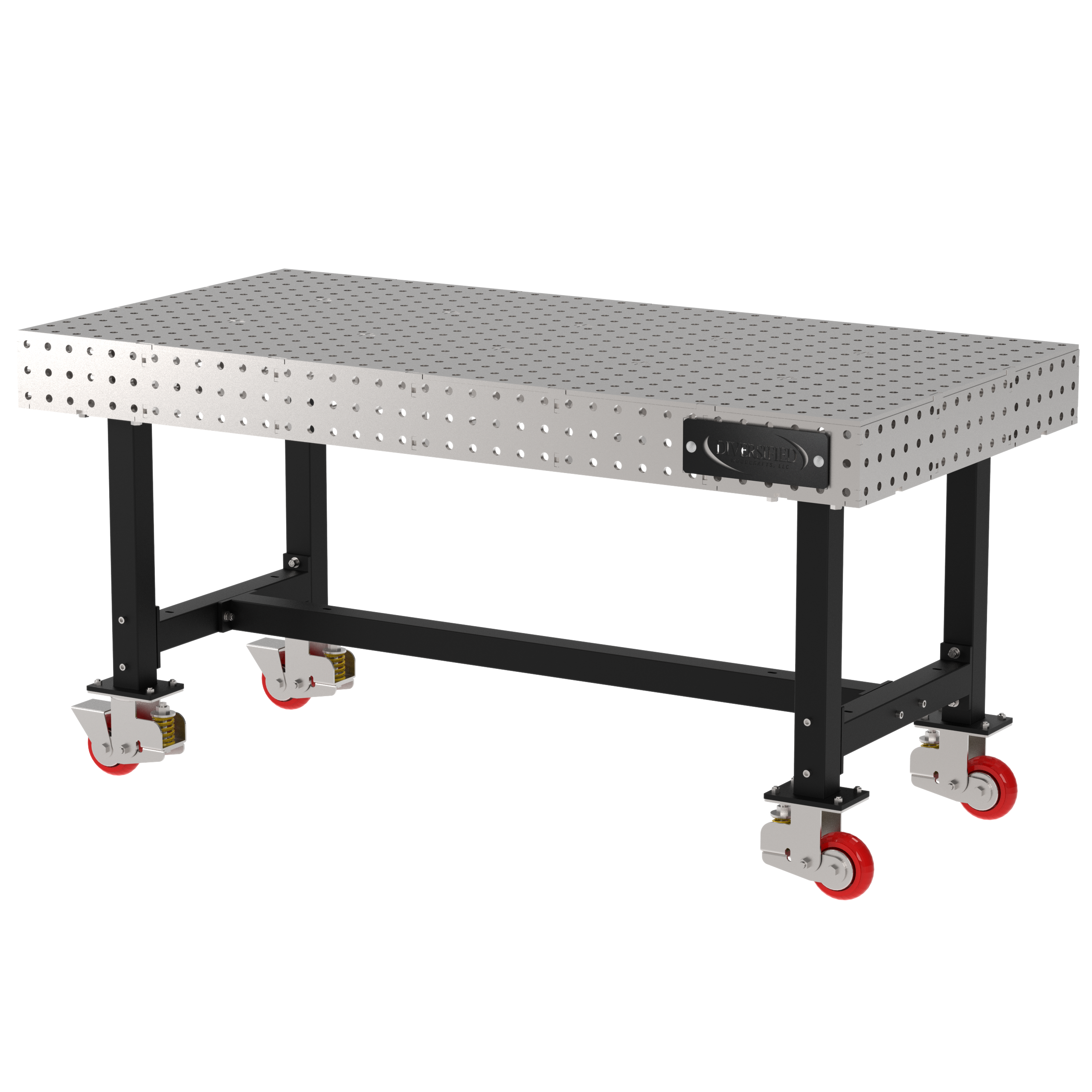 Welding Fixture Table, Fixed Height, 36"H x 72"L x 36"D, 1/4" Carbon Steel Top, Four Black Powdercoat Legs, 4 Heavy Duty Suspension Casters (2 Locking/Swiveling Casters and 2 Non-Locking/Non-SwivelingCasters)