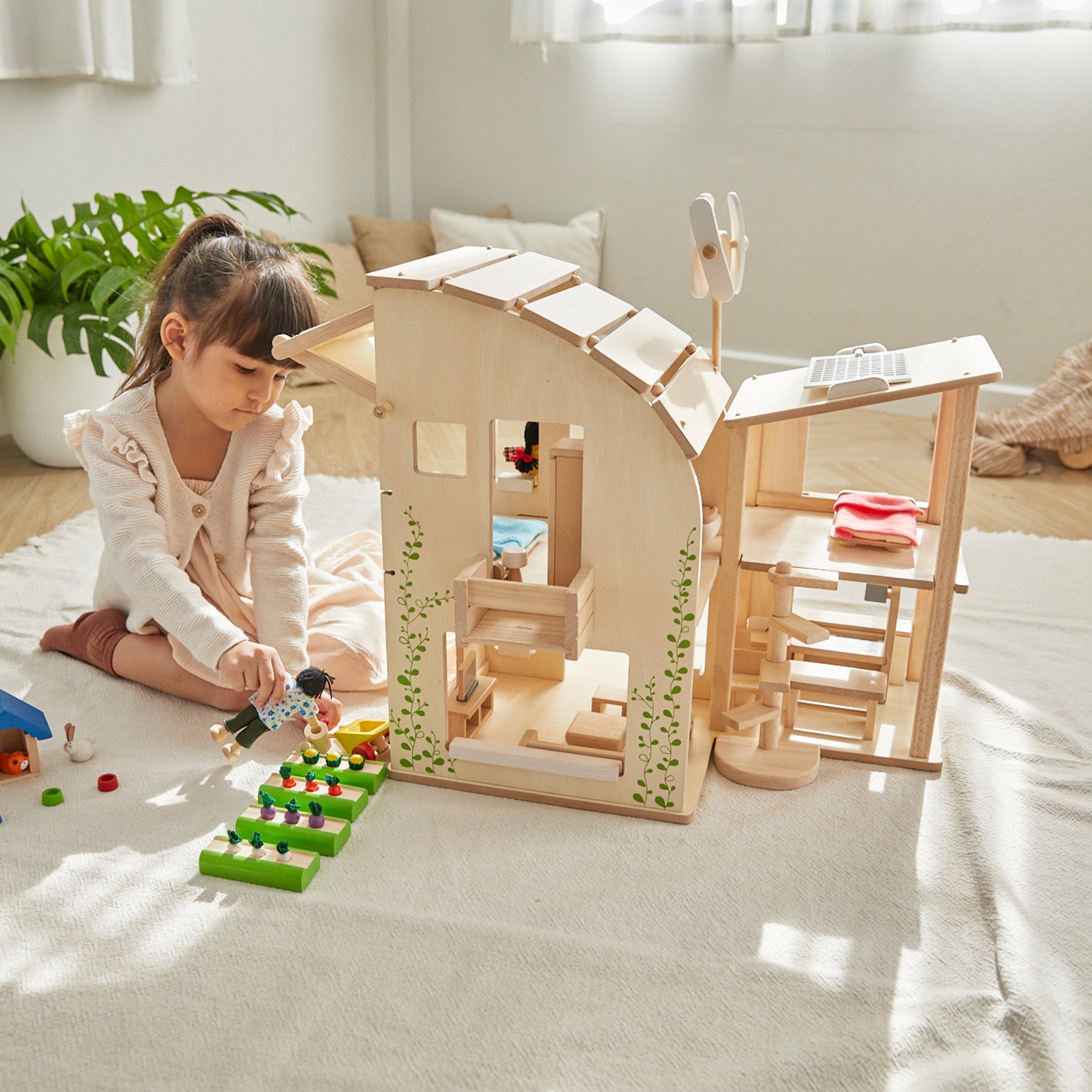 Green Wooden Dollhouse With Furniture