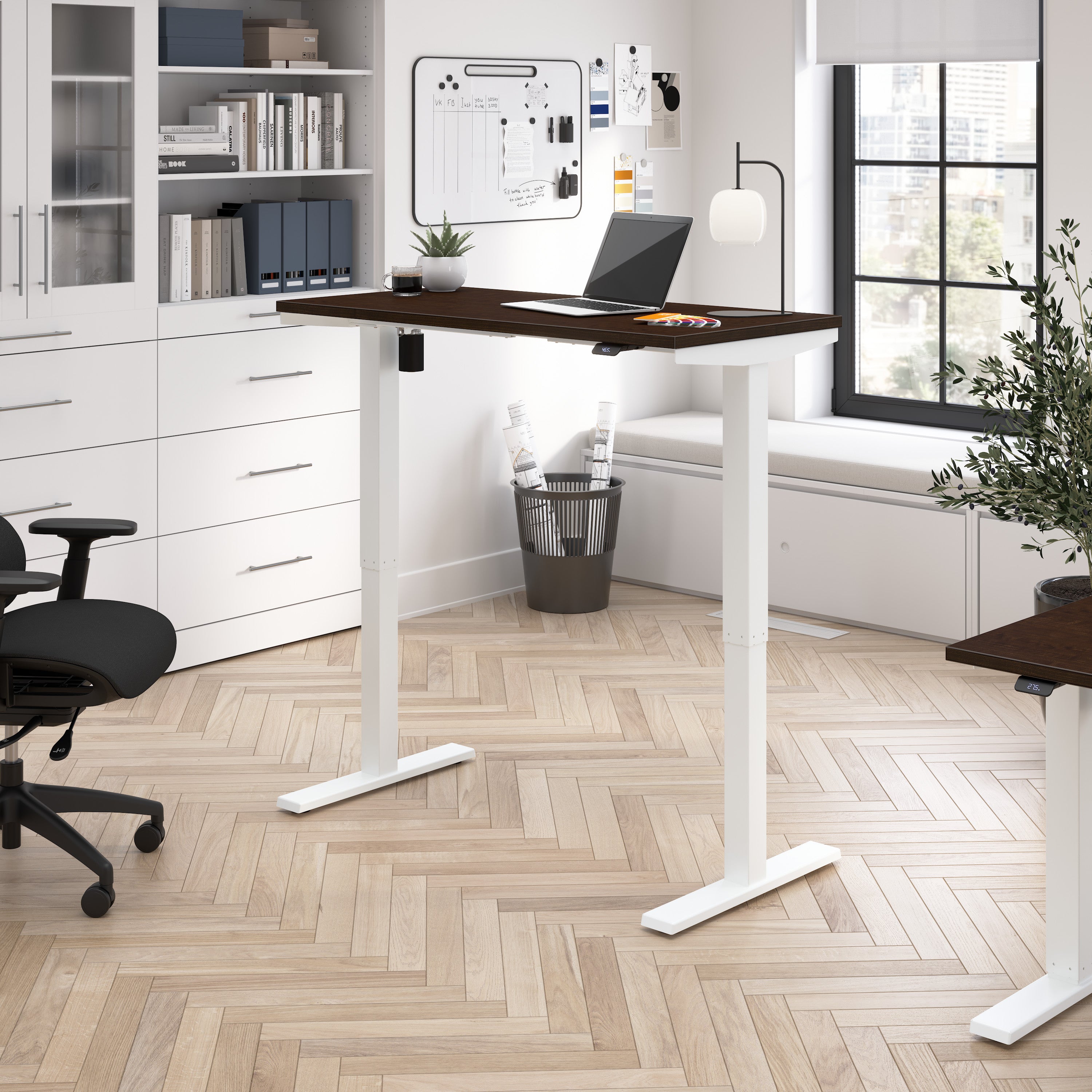 Bush Business Furniture Move 40 Series 48W x 24D Electric Height Adjustable Standing Desk in Mocha Cherry with White Base - 47.6" Width x 23.35" Depth x 28.17" Height