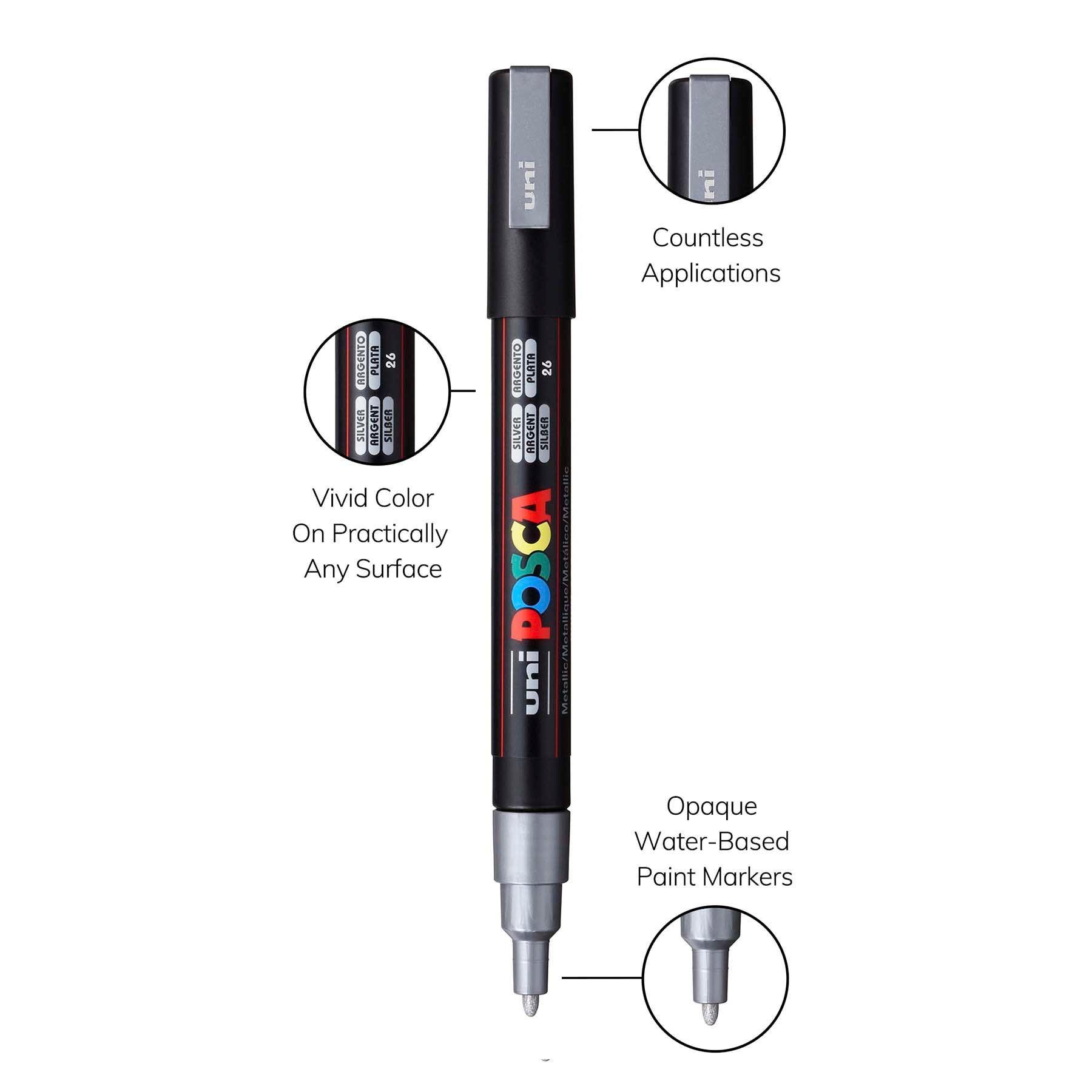 uni® POSCA PC-3M Water-Based Paint Markers, Reversible Fine Tip (0.9-1.3mm), Silver