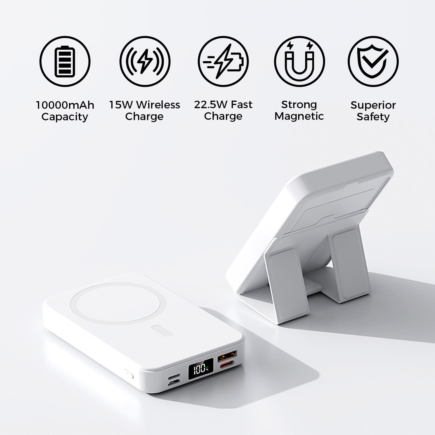 10,000mAh Magnetic Wireless Charge Power Bank with Foldable Stand, White