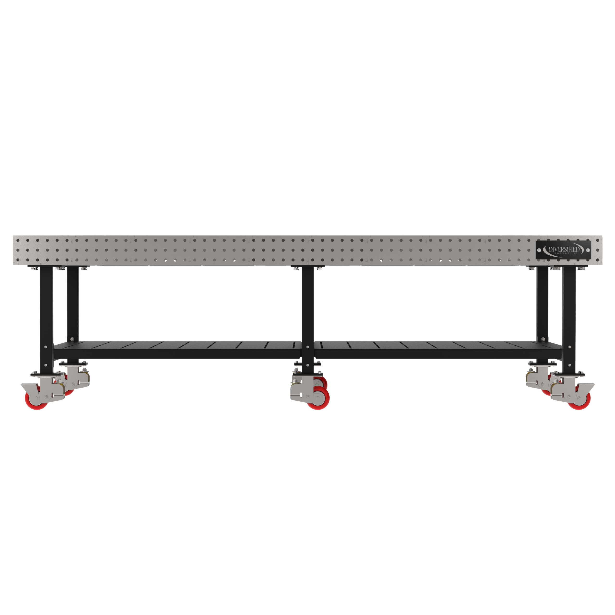 Welding Fixture Table, Fixed Height, 36"H x 120"L x 60"D, 1/4" Carbon Steel Top, Six Black Powdercoat Legs, Shelf, 6 Heavy Duty Suspension Casters (4 Locking/Swiveling Casters and 2 Non-Locking/Non-SwivelingCasters)