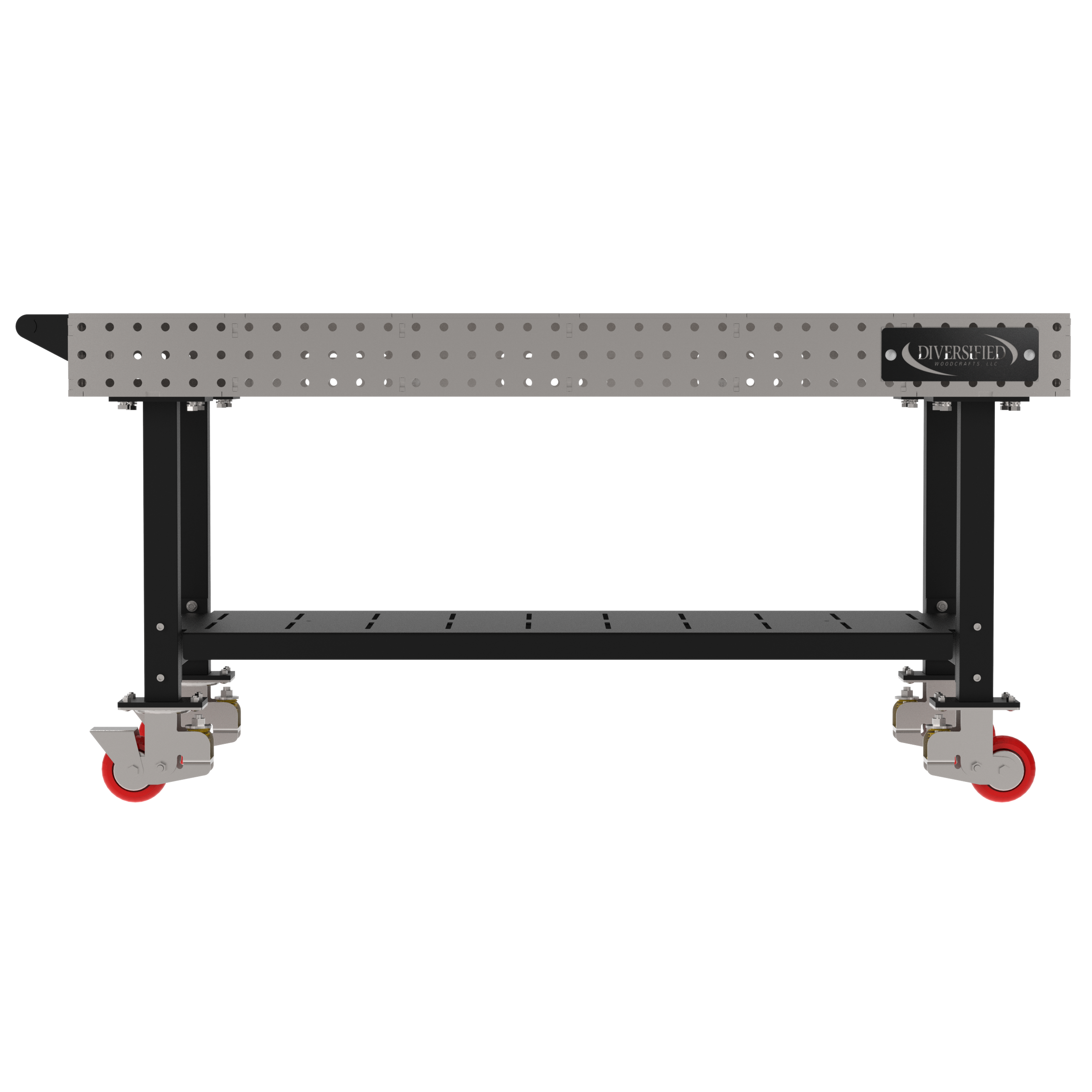 Welding Fixture Table, Fixed Height, 36"H x 72"L x 36"D, 1/4" Carbon Steel Top, Four Black Powdercoat Legs, Shelf, Handle, 4 Heavy Duty Suspension Casters (2 Locking/Swiveling Casters and 2 Non-Locking/Non-SwivelingCasters)