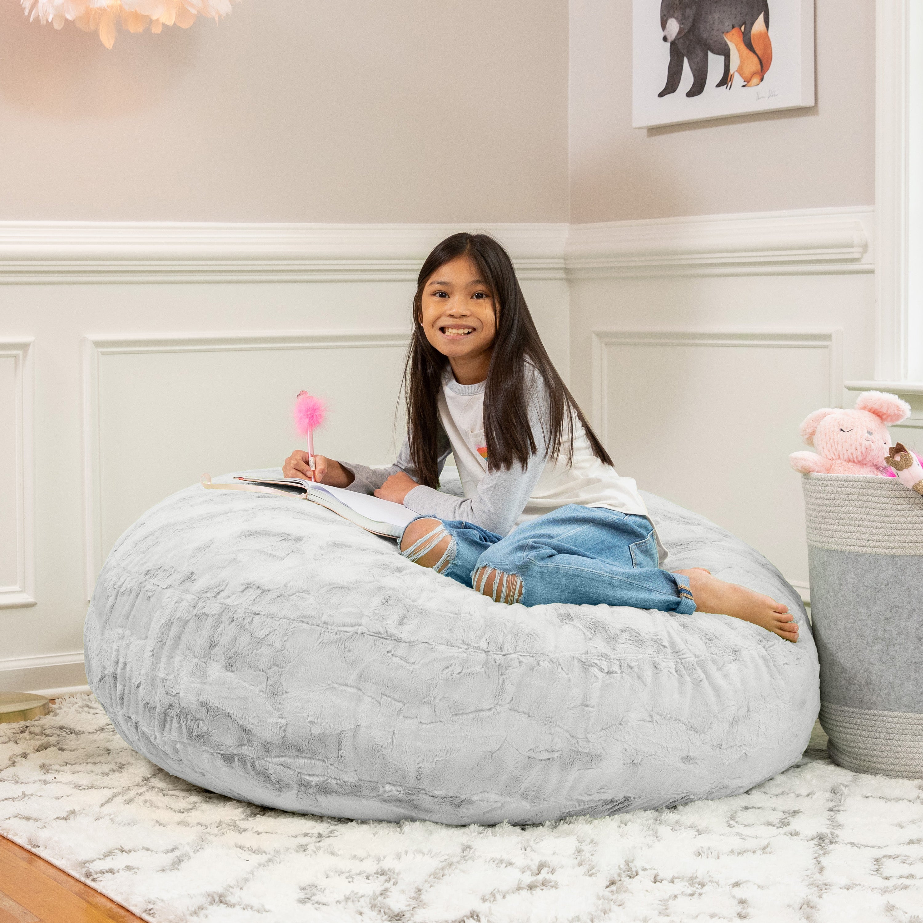 Jaxx Cocoon 4 Foot Bean Bag Chair - Faux Fur, Silver