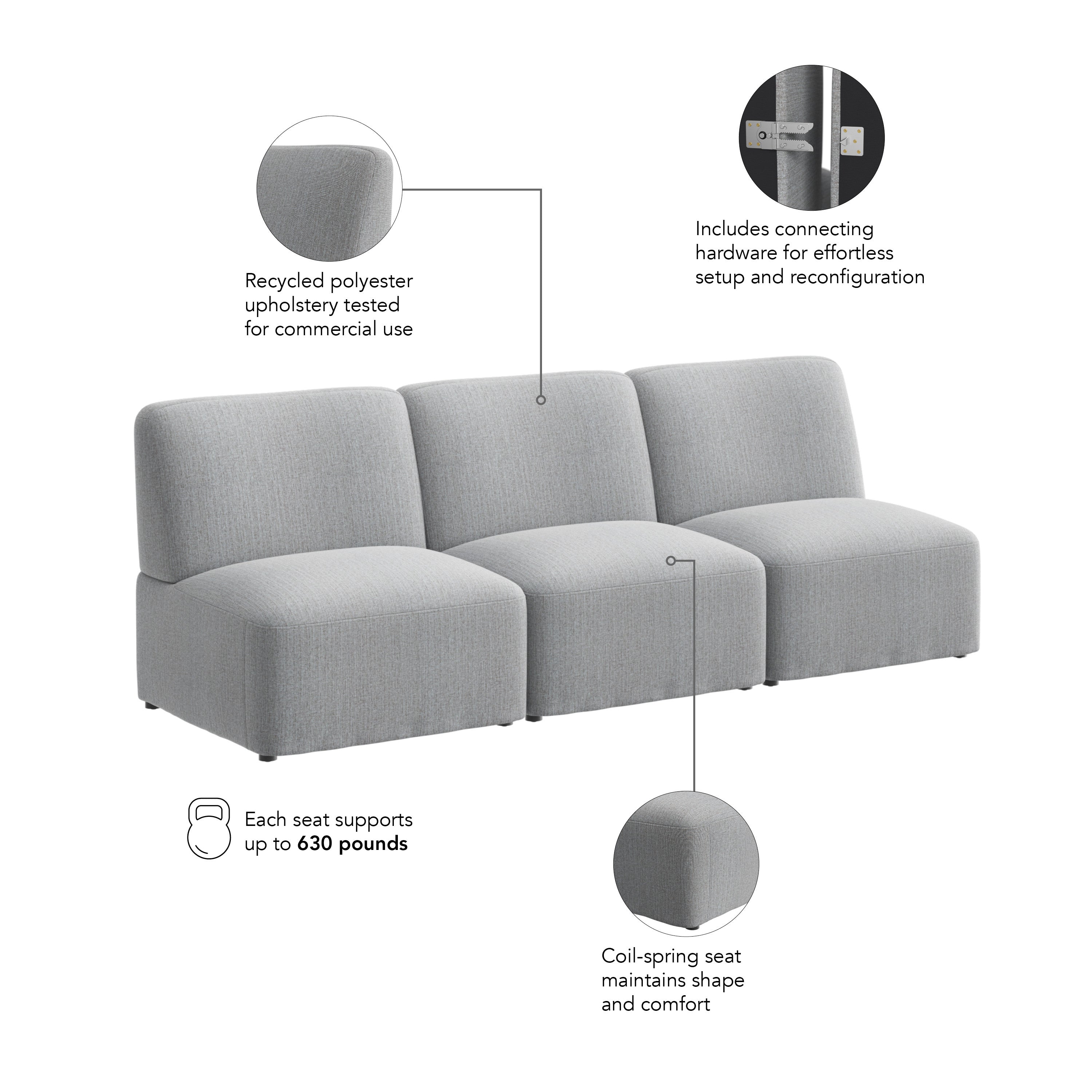 Bush Business Furniture Assemble Modular 3 Seater Sectional Lounge Sofa in Fog Fabric - 89.76" Width x 30.51" Depth x 29.92" Height
