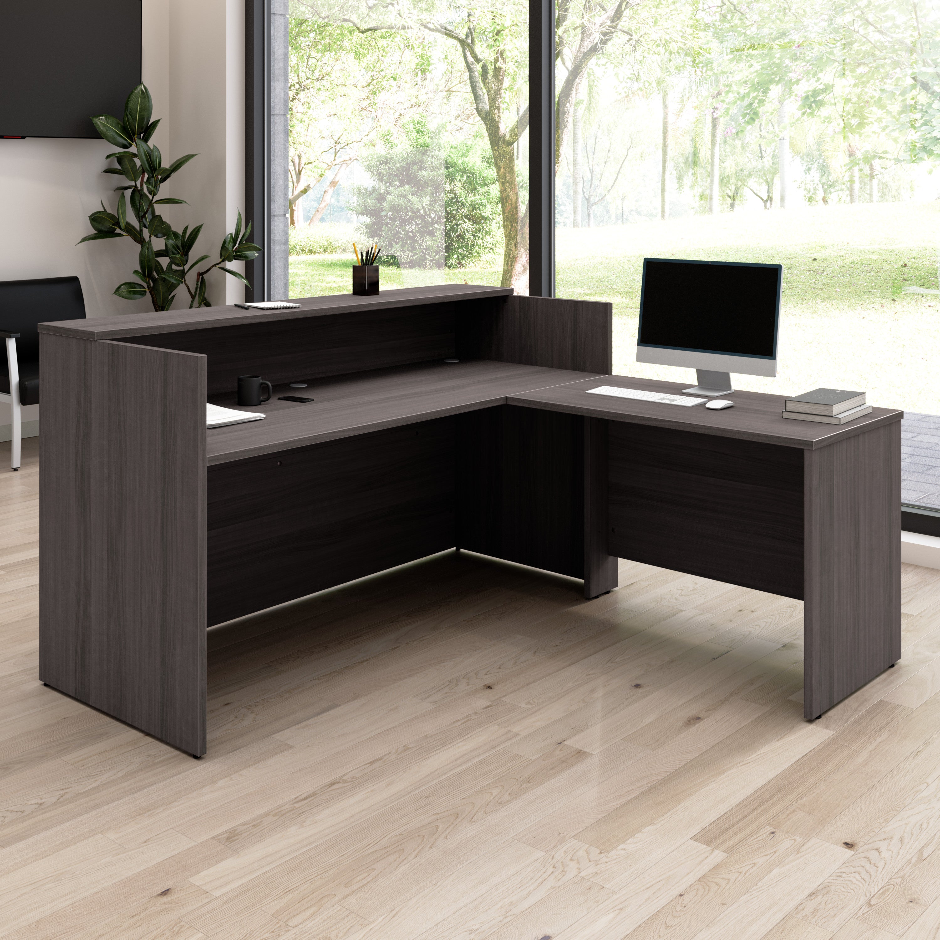 Bush Business Furniture Arrive 72W x 72D L Shaped Reception Desk with Shelf in Storm Gray - 71.02" Width x 71.14" Depth x 40.35" Height