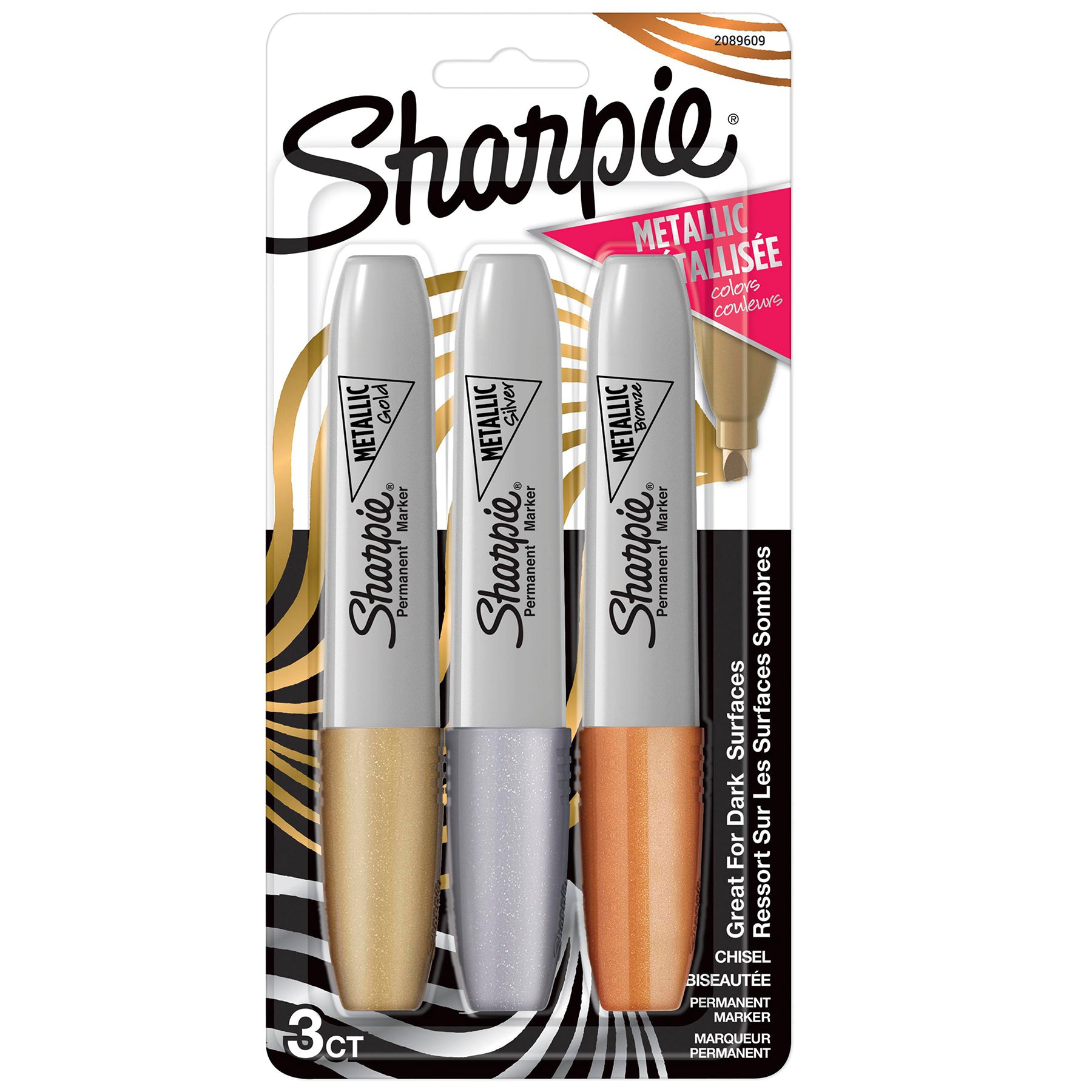 Metallic Permanent Markers, Chisel Tip, Assorted Colors, 3 Count