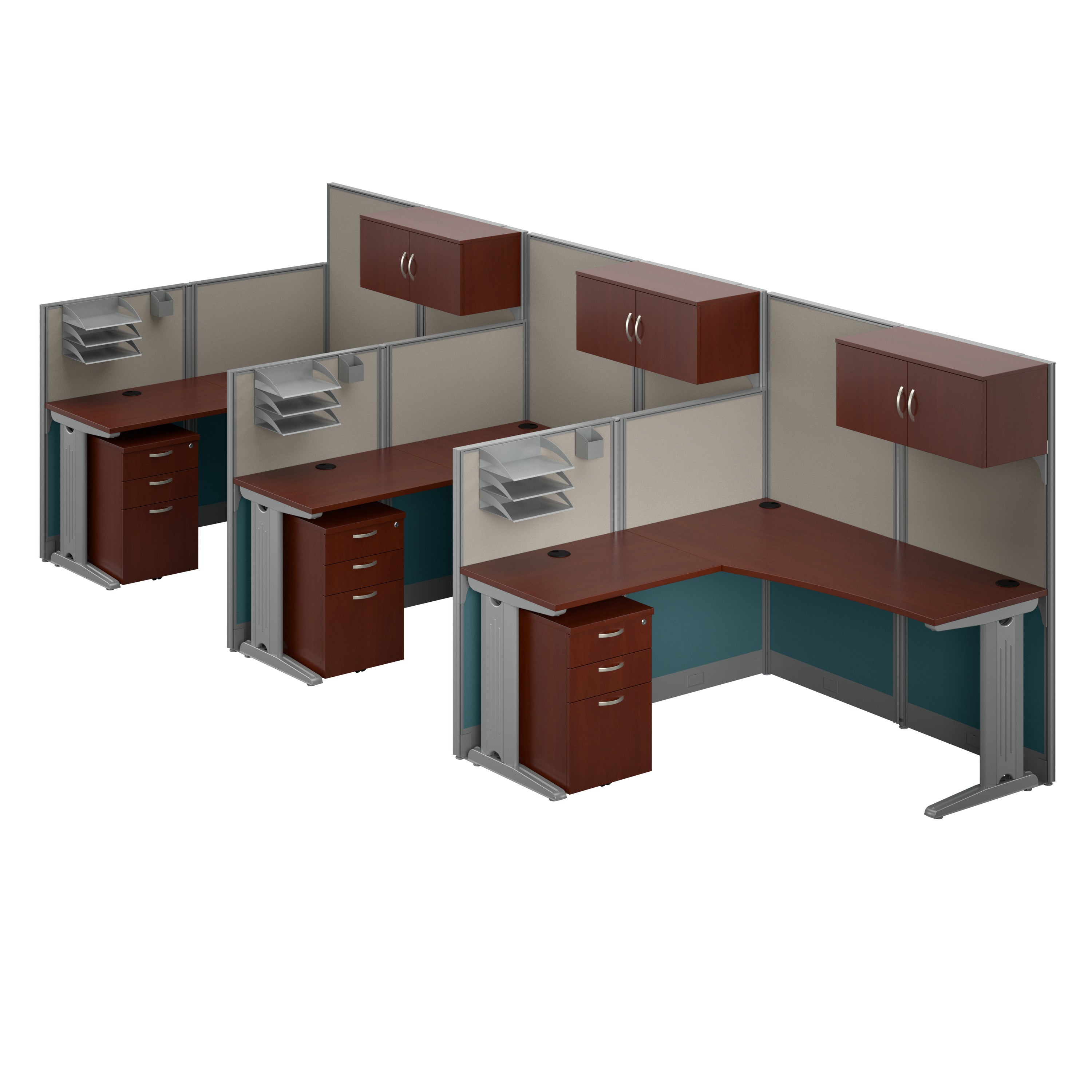 Bush Business Furniture Office in an Hour 3 Person L Shaped Cubicle Desks with Storage, Drawers, and Organizers in Hansen Cherry - 193.47" Width x 64.49" Depth x 62.87" Height