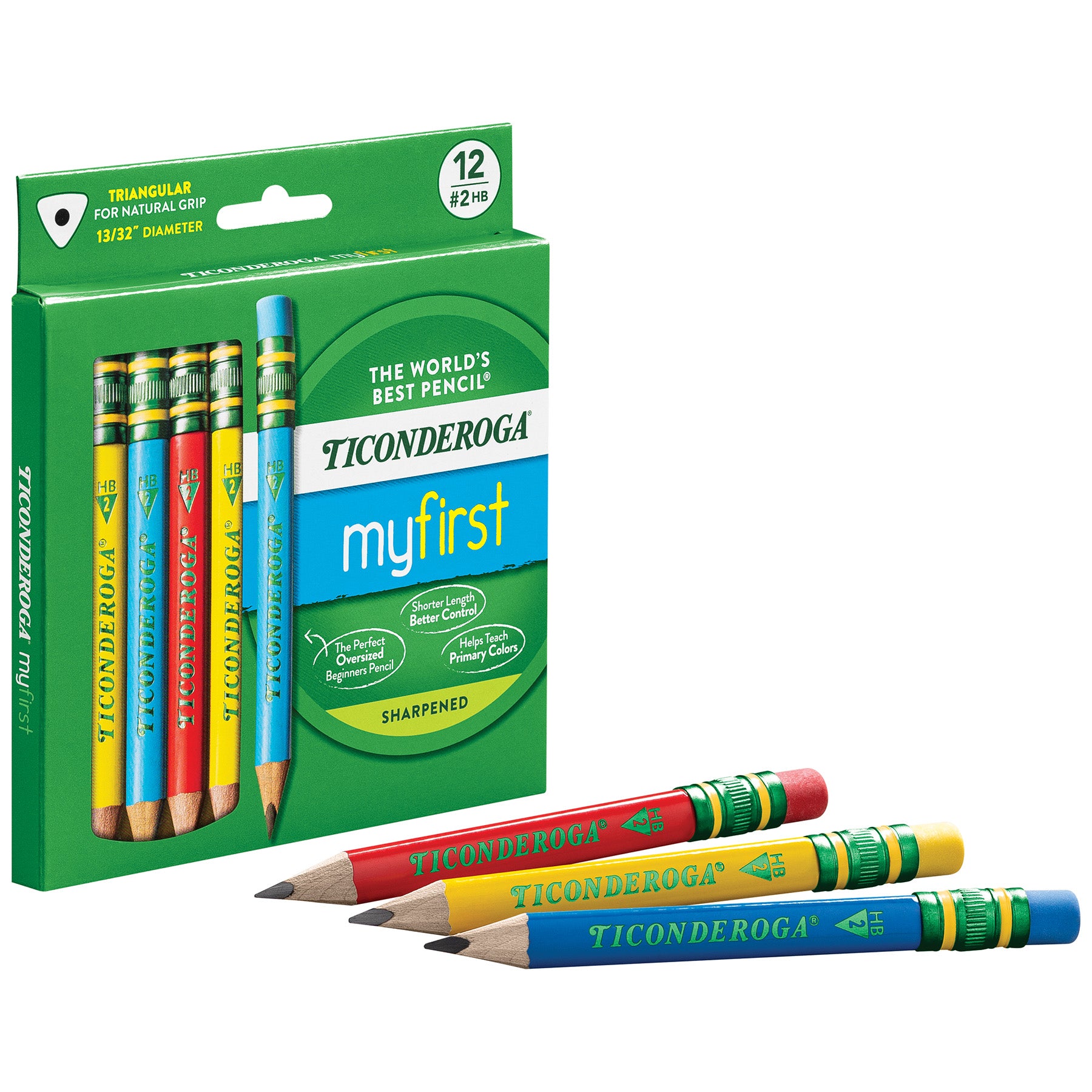 My First® Short Wooden Pencils, Large Triangle Barrel, Sharpened, #2 HB Soft, With Eraser, Primary Colors, 12 Count