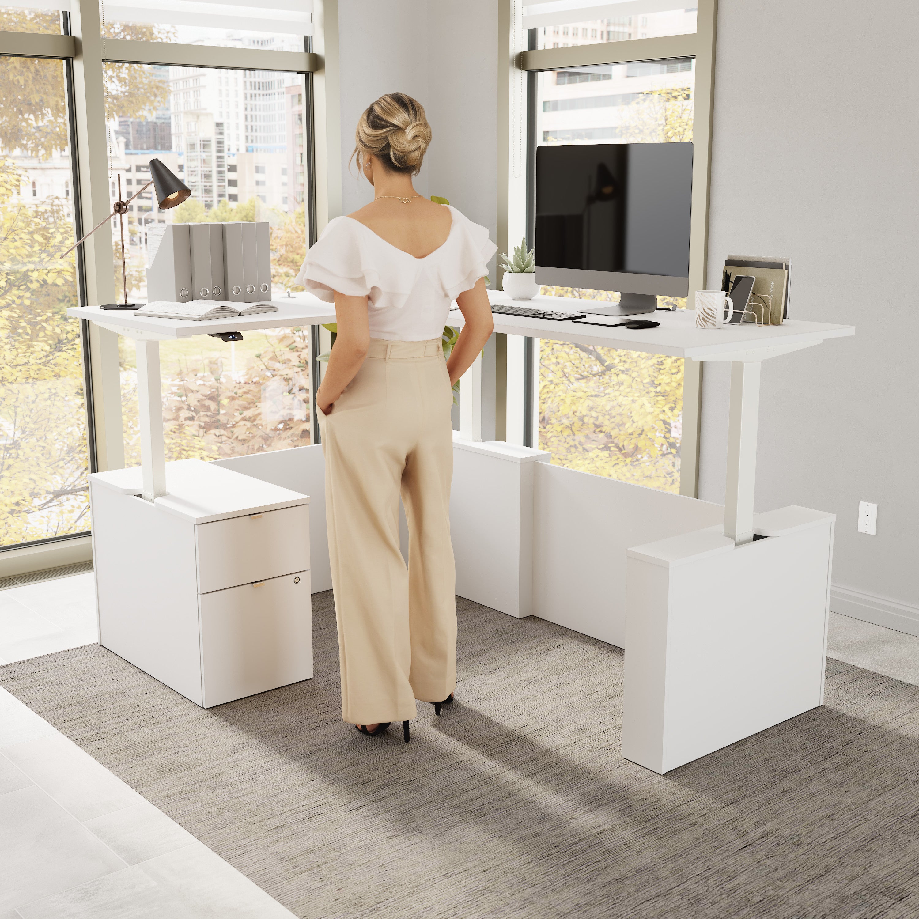 Bush Business Furniture Stratus&nbsp;60W x&nbsp;78D Height Adjustable L Shaped Standing Desk with File Cabinet in White with White Base - 59.45" Width x 76.97" Depth x 27.44" Height