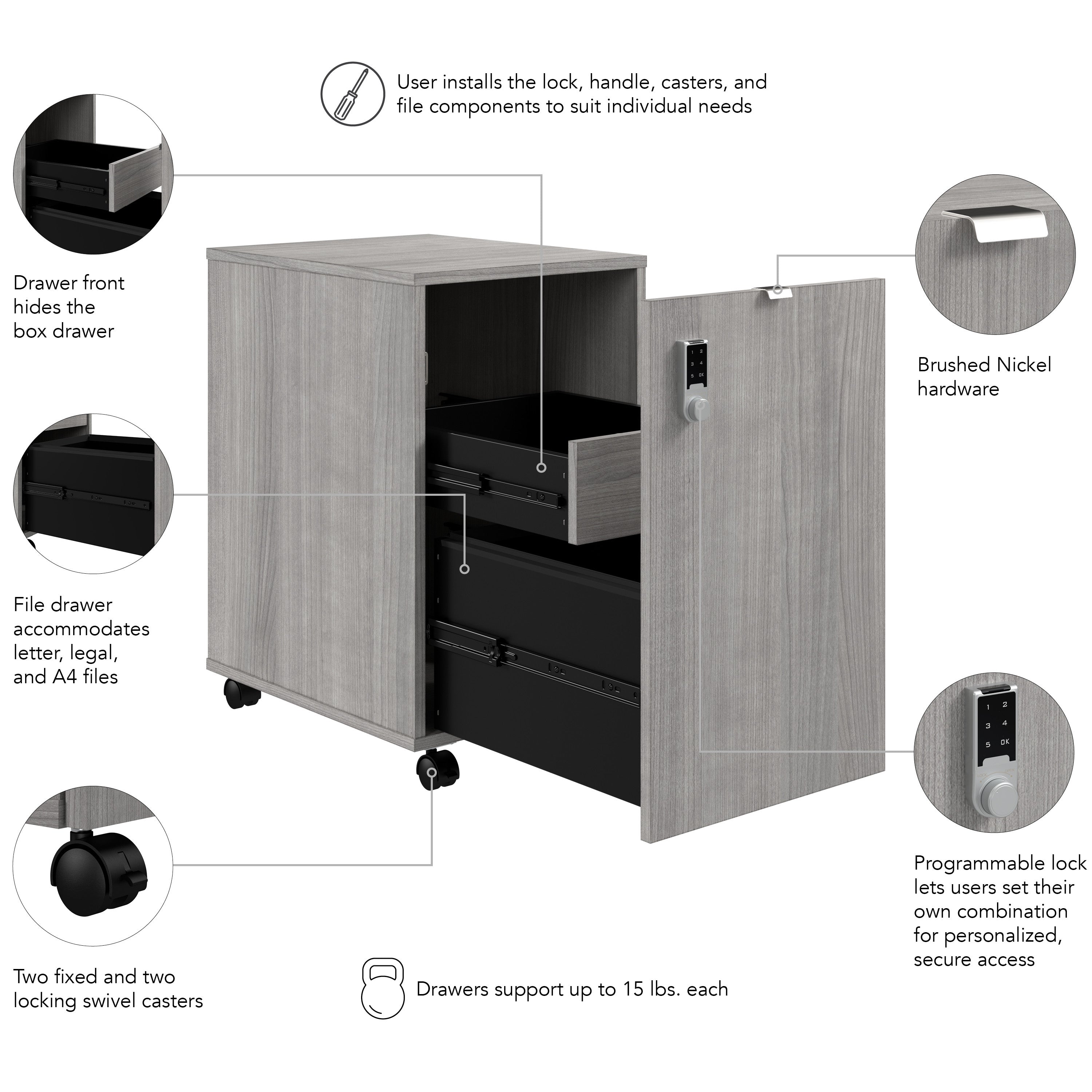 Bush Business Furniture Assure Mobile File Cabinet with Drawers and Keypad Lock in Platinum Gray - 15.65" Width x 20.24" Depth x 25.91" Height