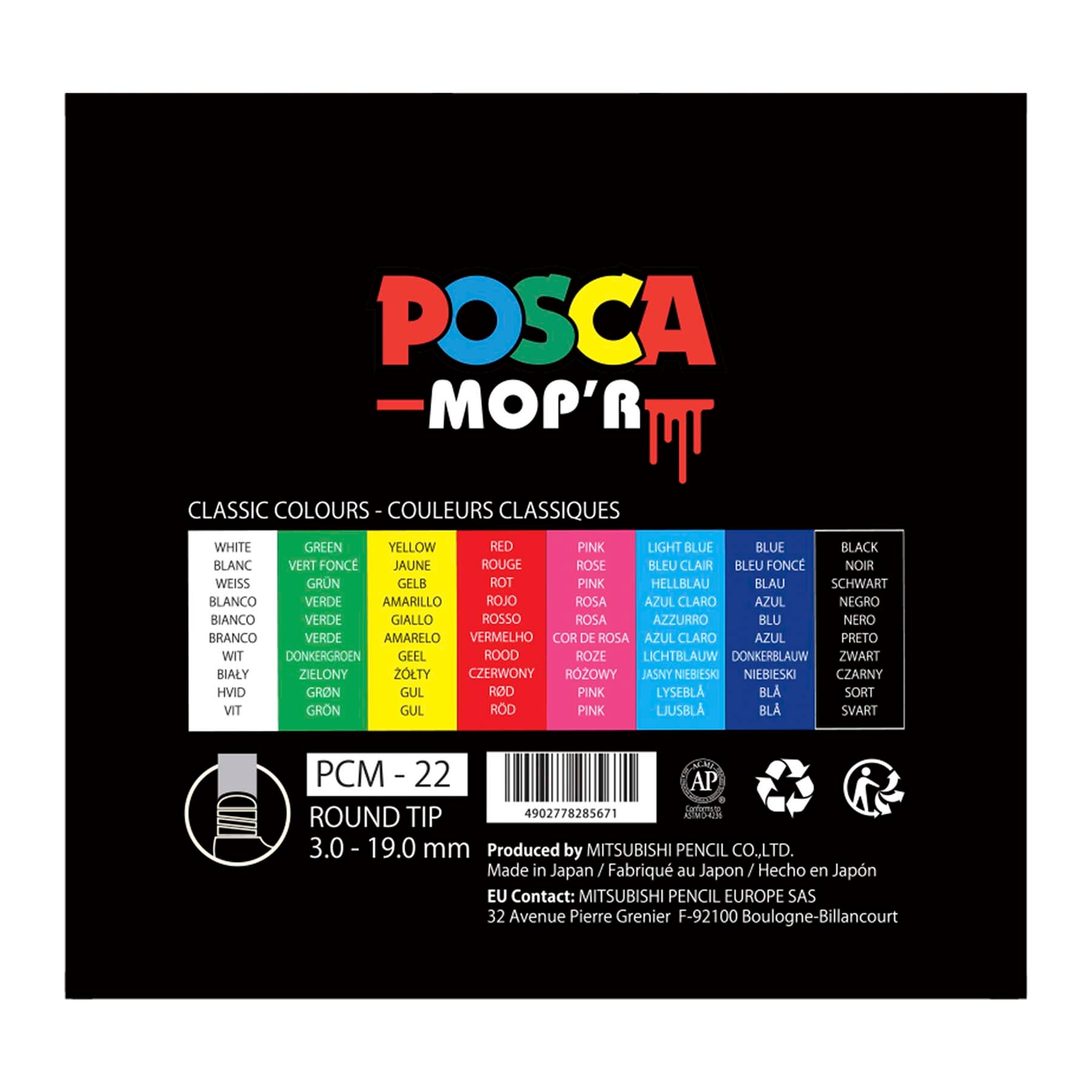 uni® POSCA MOP'R PCM-22 Water-Based Paint Markers, Round Tip (3.0-19.0mm), Assorted Colors, 8 Pack