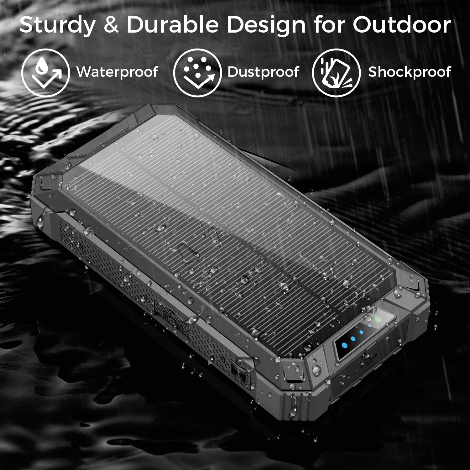 20000mAh Solar Power Bank with Wireless Charging and Built-in Cables, Black