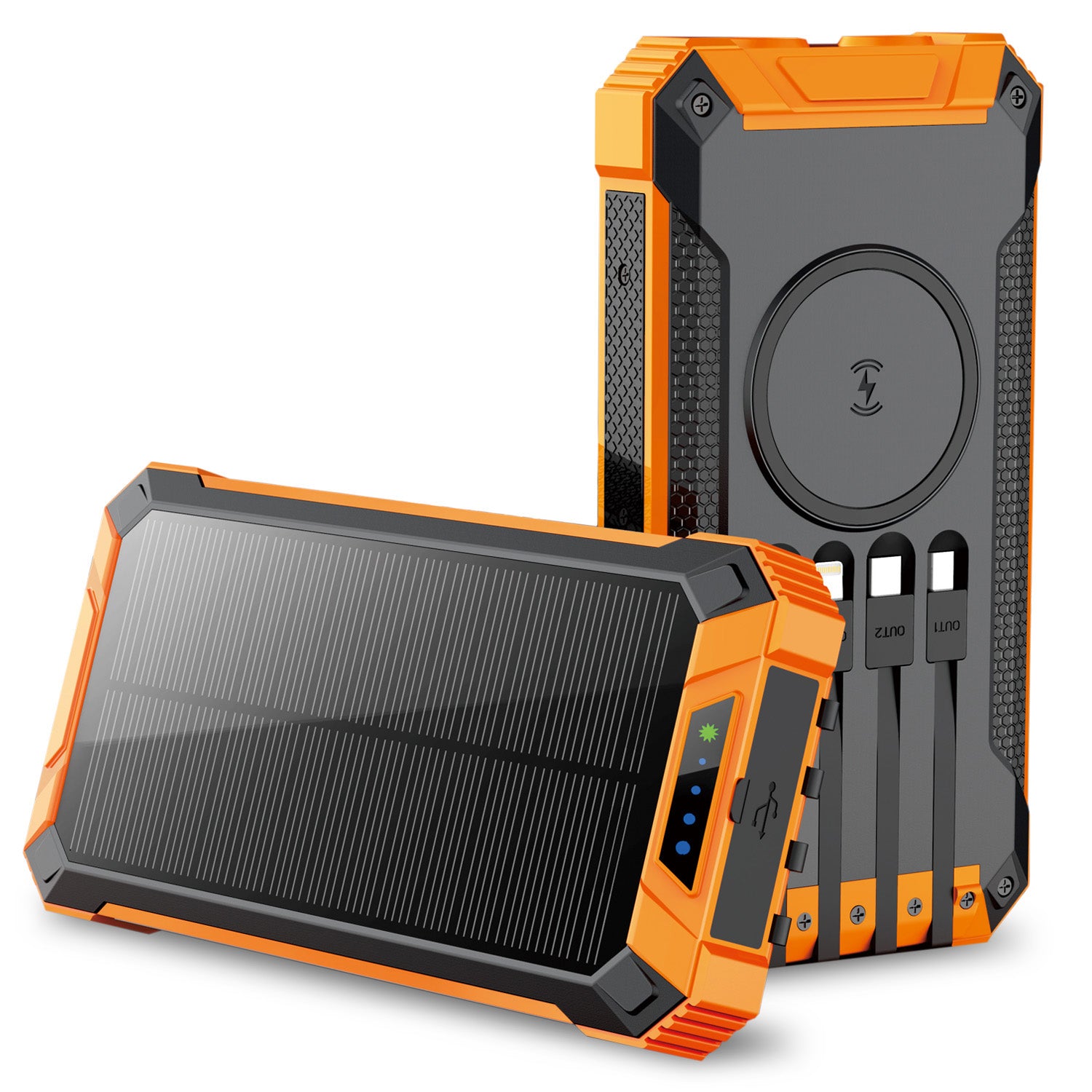 20000mAh Solar Power Bank with Wireless Charging and Built-in Cables, Orange