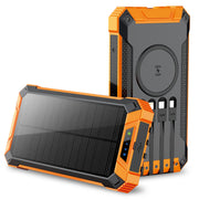 20000mAh Solar Power Bank with Wireless Charging and Built-in Cables, Orange
