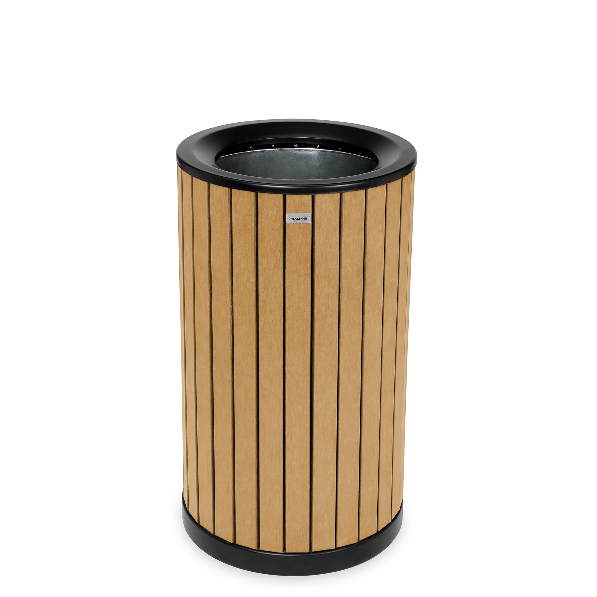 Round, 32-Gallon Outdoor Trash Container with Slatted Recycled Plastic Panels - Cedar