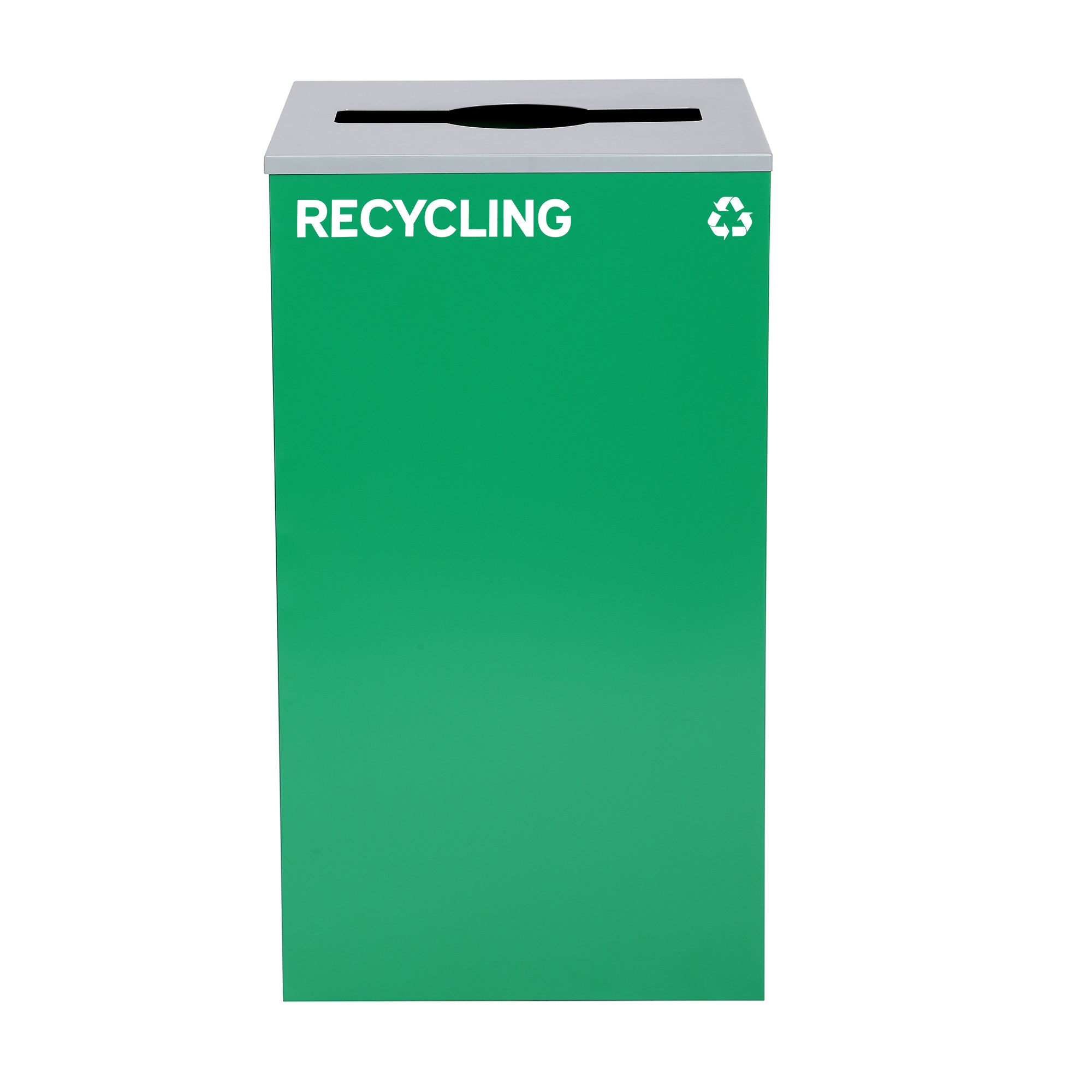 Square Recycling Bin – 29 Gallons - Green Can, Mixed Opening Lid, for Recycling