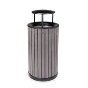 Round, 32-Gallon Outdoor Trash Container with Slatted Recycled Plastic Panels - Rain Bonnet Lid - Grey