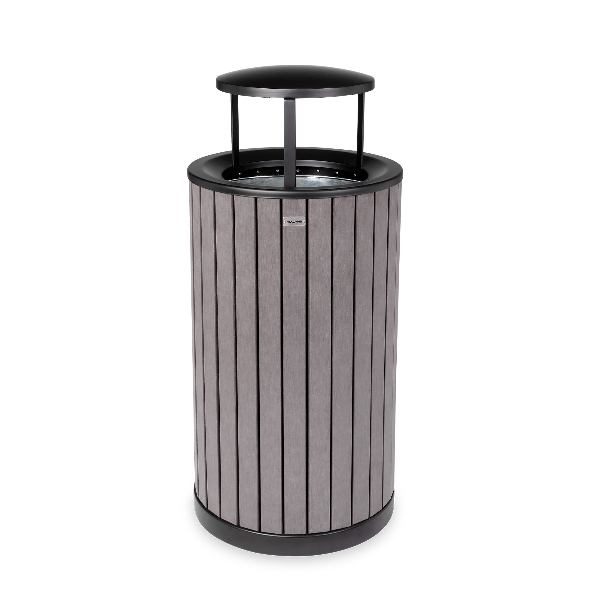 Round, 32-Gallon Outdoor Trash Container with Slatted Recycled Plastic Panels - Rain Bonnet Lid - Grey