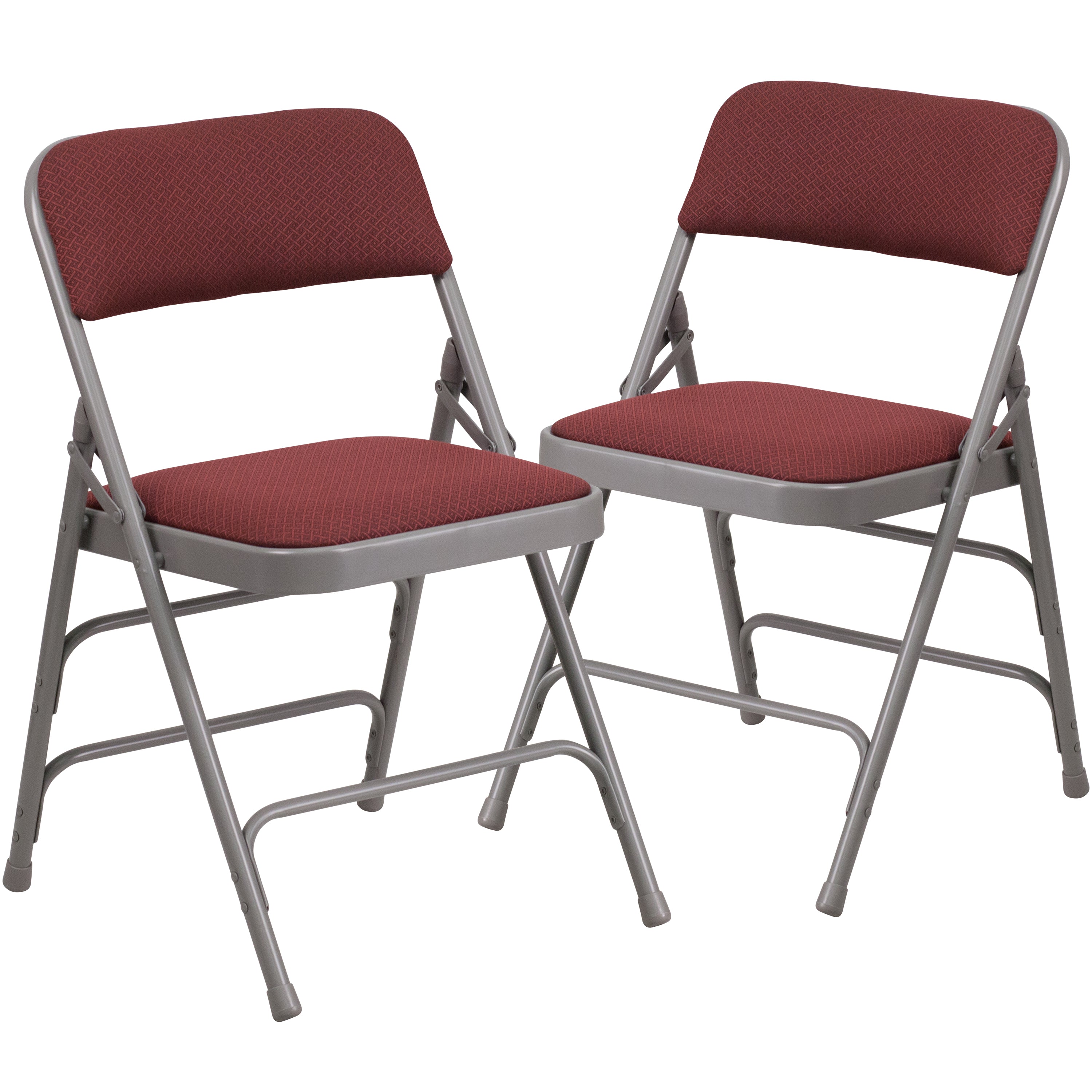 2 Pack HERCULES Series Curved Triple Braced & Double Hinged Burgundy Patterned Fabric Metal Folding Chair