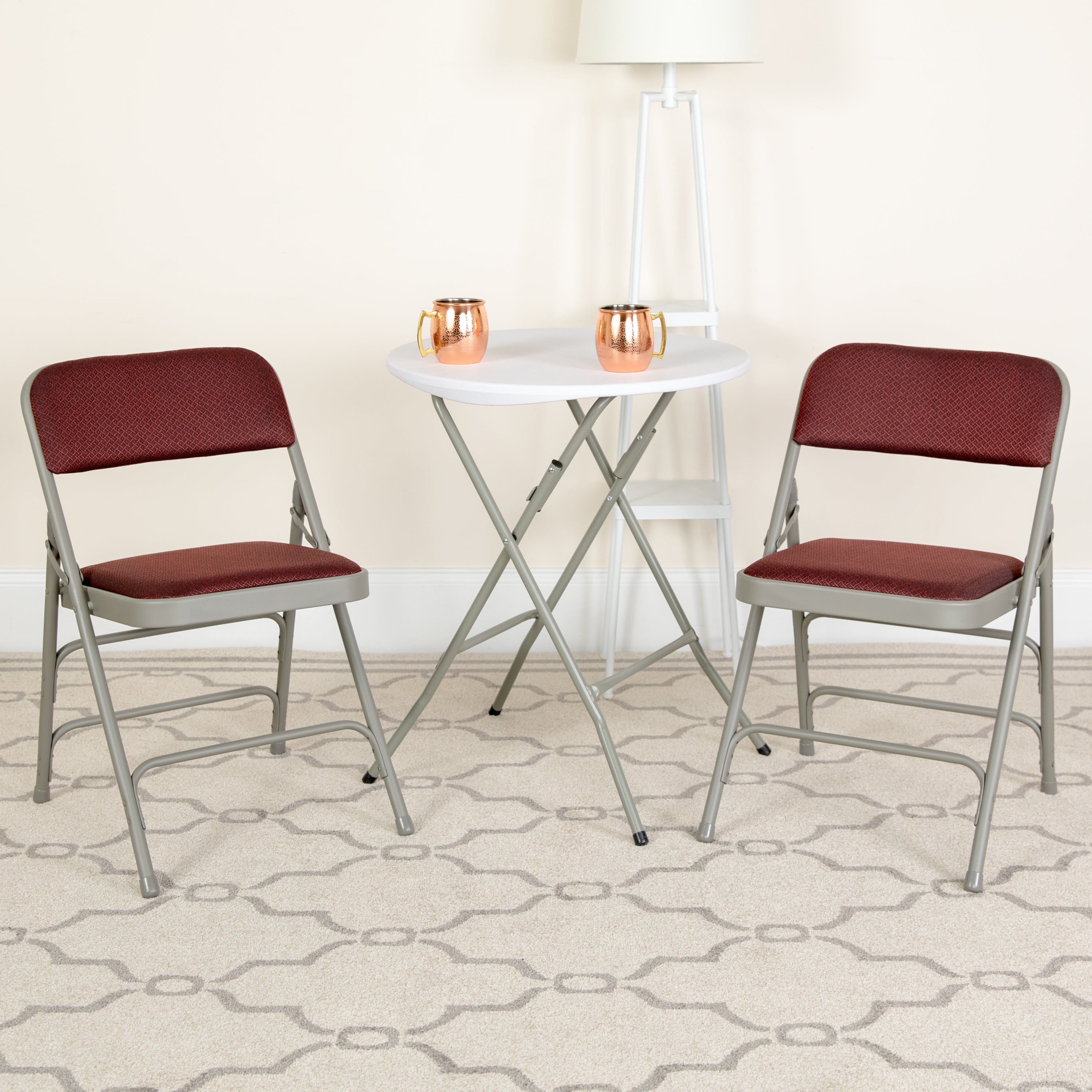 2 Pack HERCULES Series Curved Triple Braced & Double Hinged Burgundy Patterned Fabric Metal Folding Chair