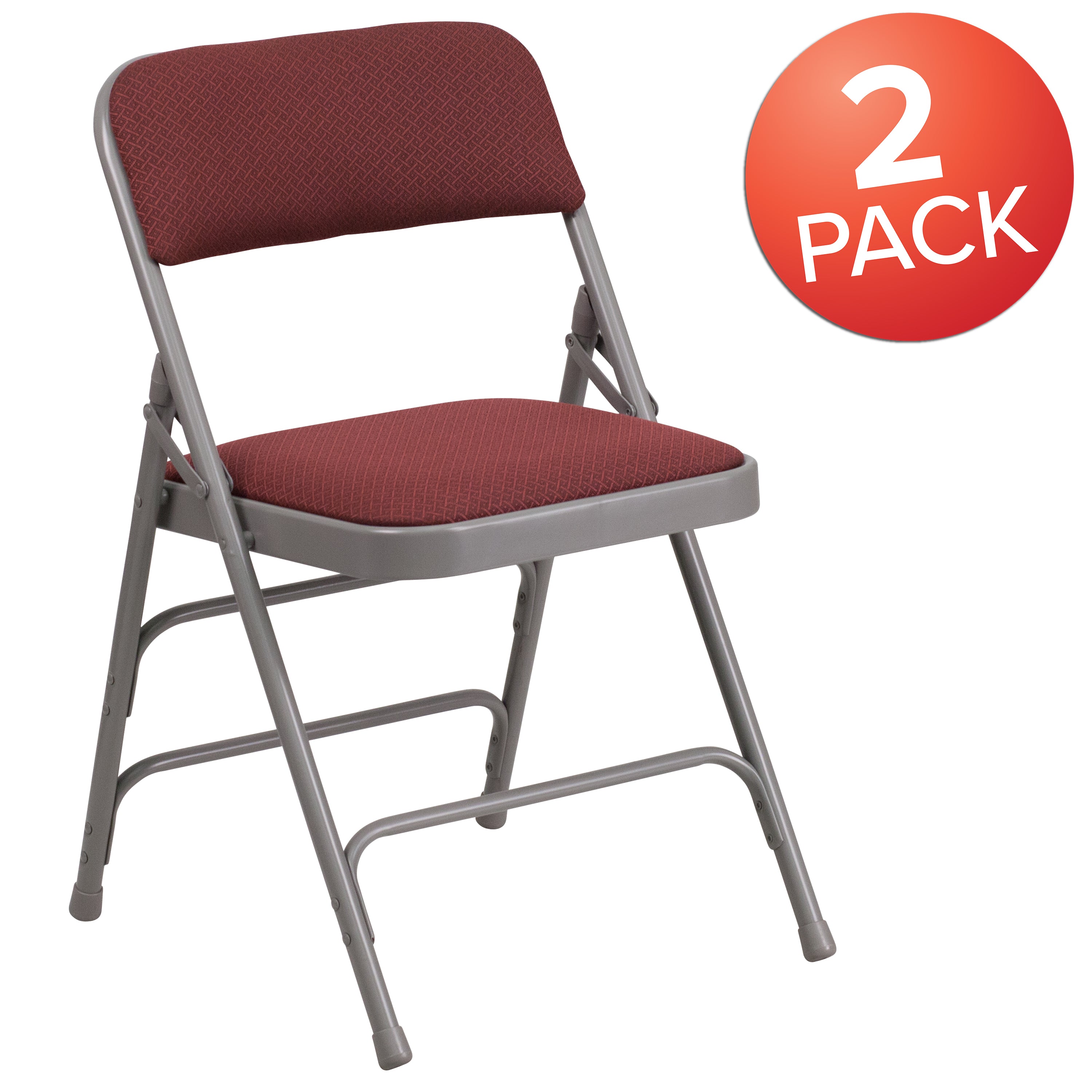 2 Pack HERCULES Series Curved Triple Braced & Double Hinged Burgundy Patterned Fabric Metal Folding Chair