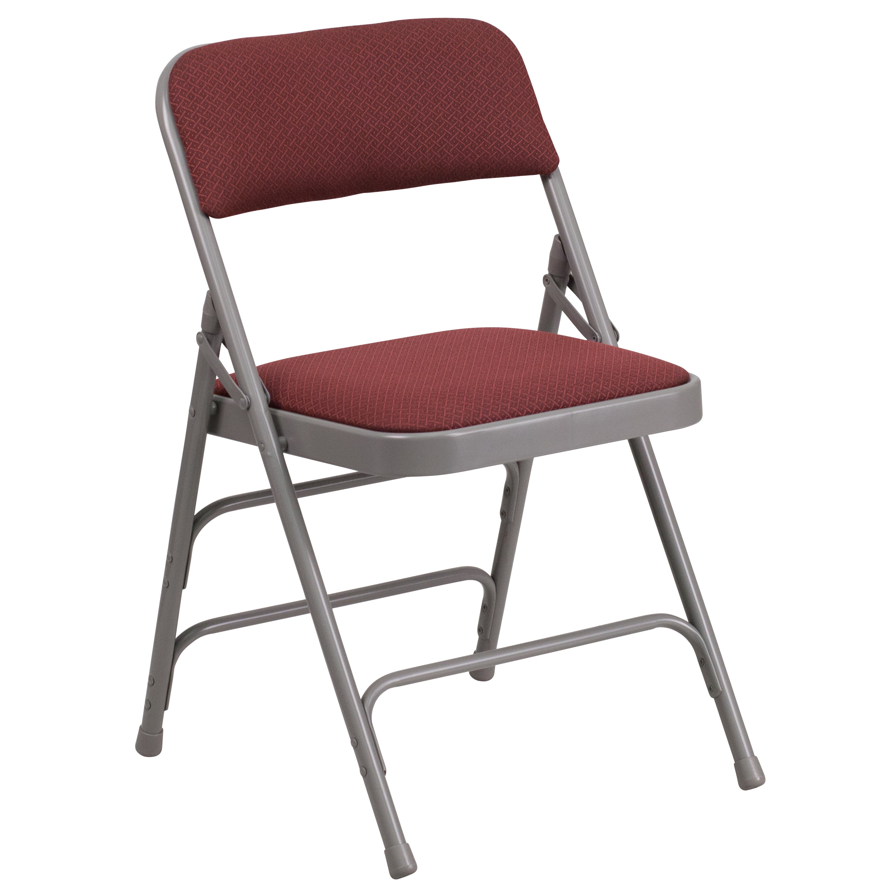 2 Pack HERCULES Series Curved Triple Braced & Double Hinged Burgundy Patterned Fabric Metal Folding Chair