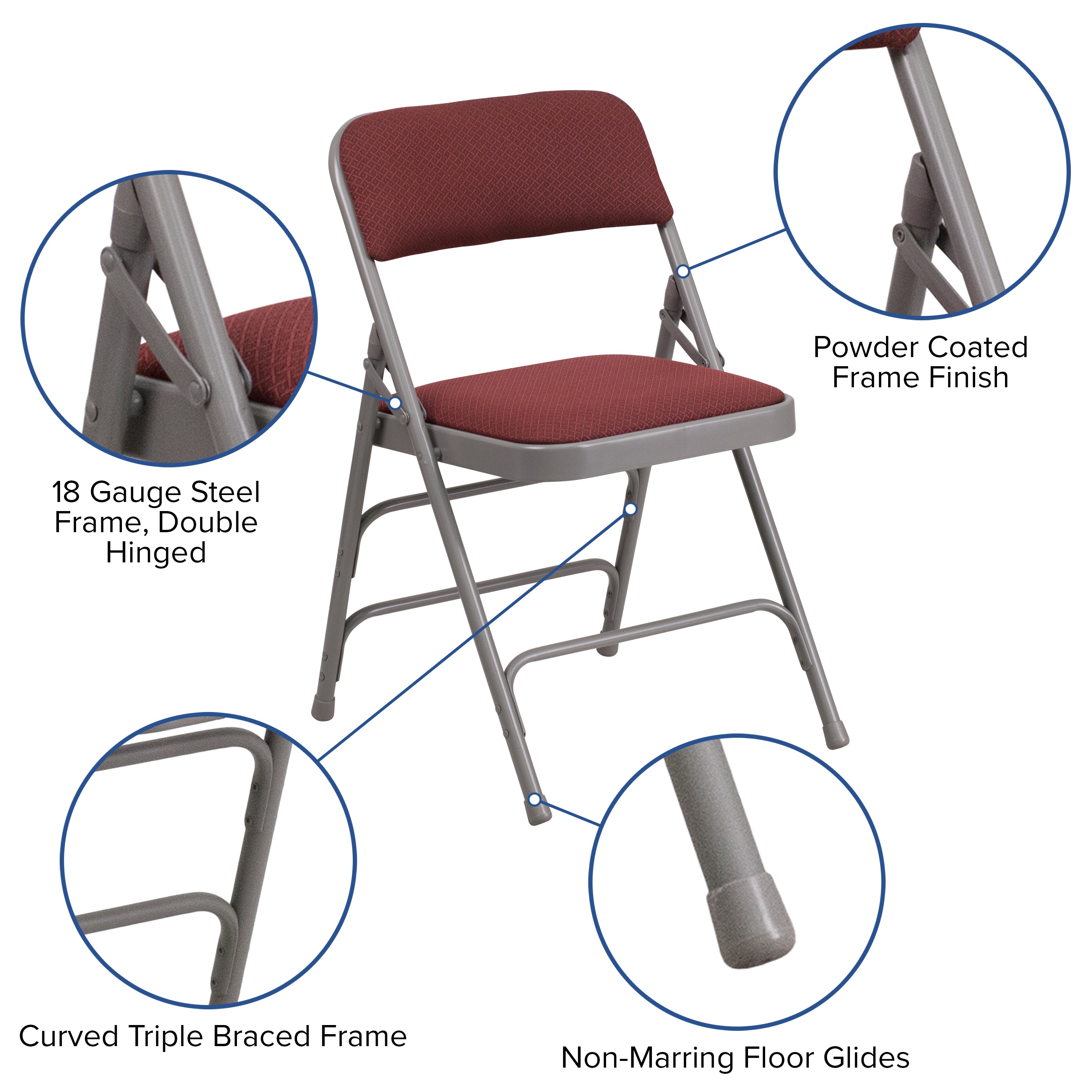 2 Pack HERCULES Series Curved Triple Braced & Double Hinged Burgundy Patterned Fabric Metal Folding Chair