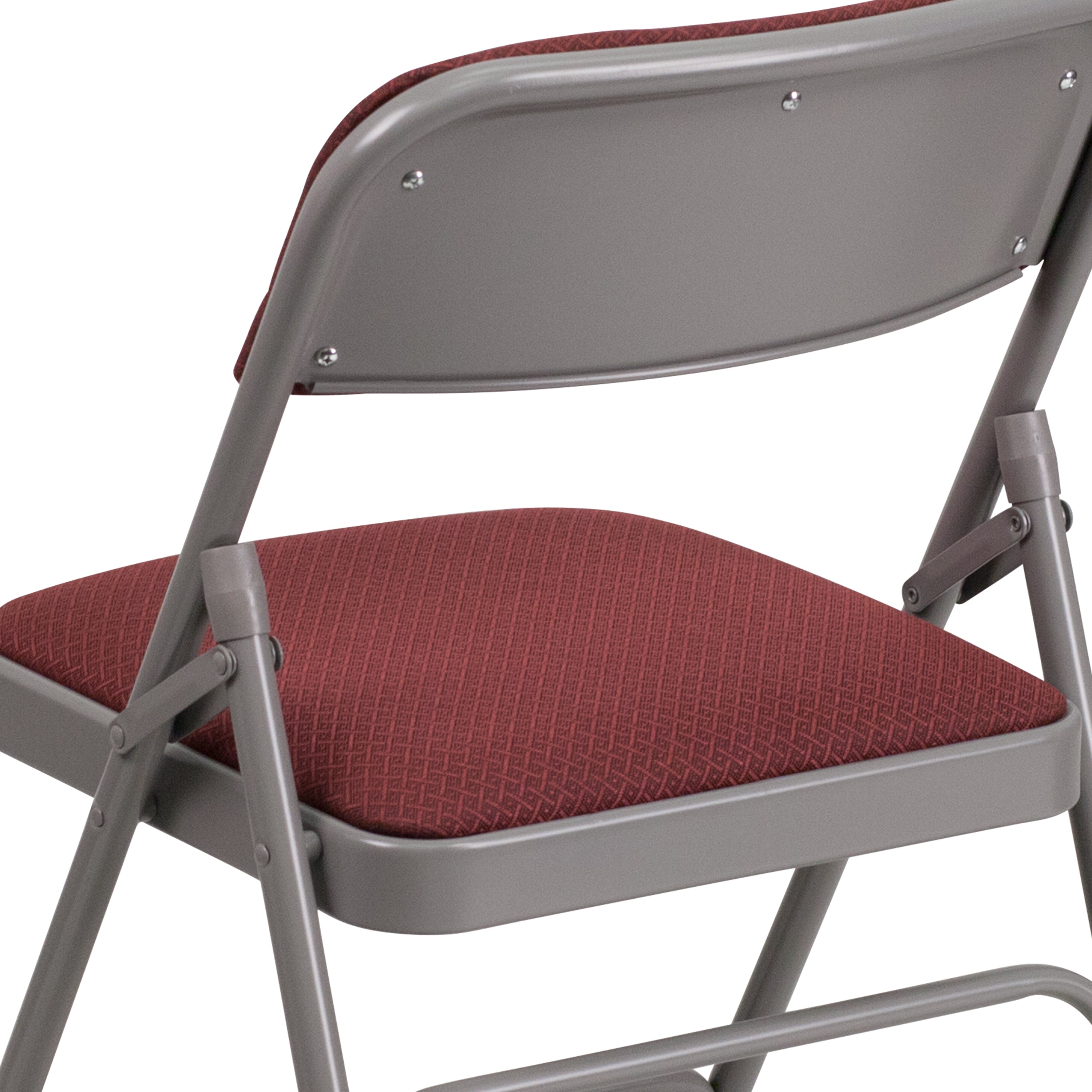 2 Pack HERCULES Series Curved Triple Braced & Double Hinged Burgundy Patterned Fabric Metal Folding Chair
