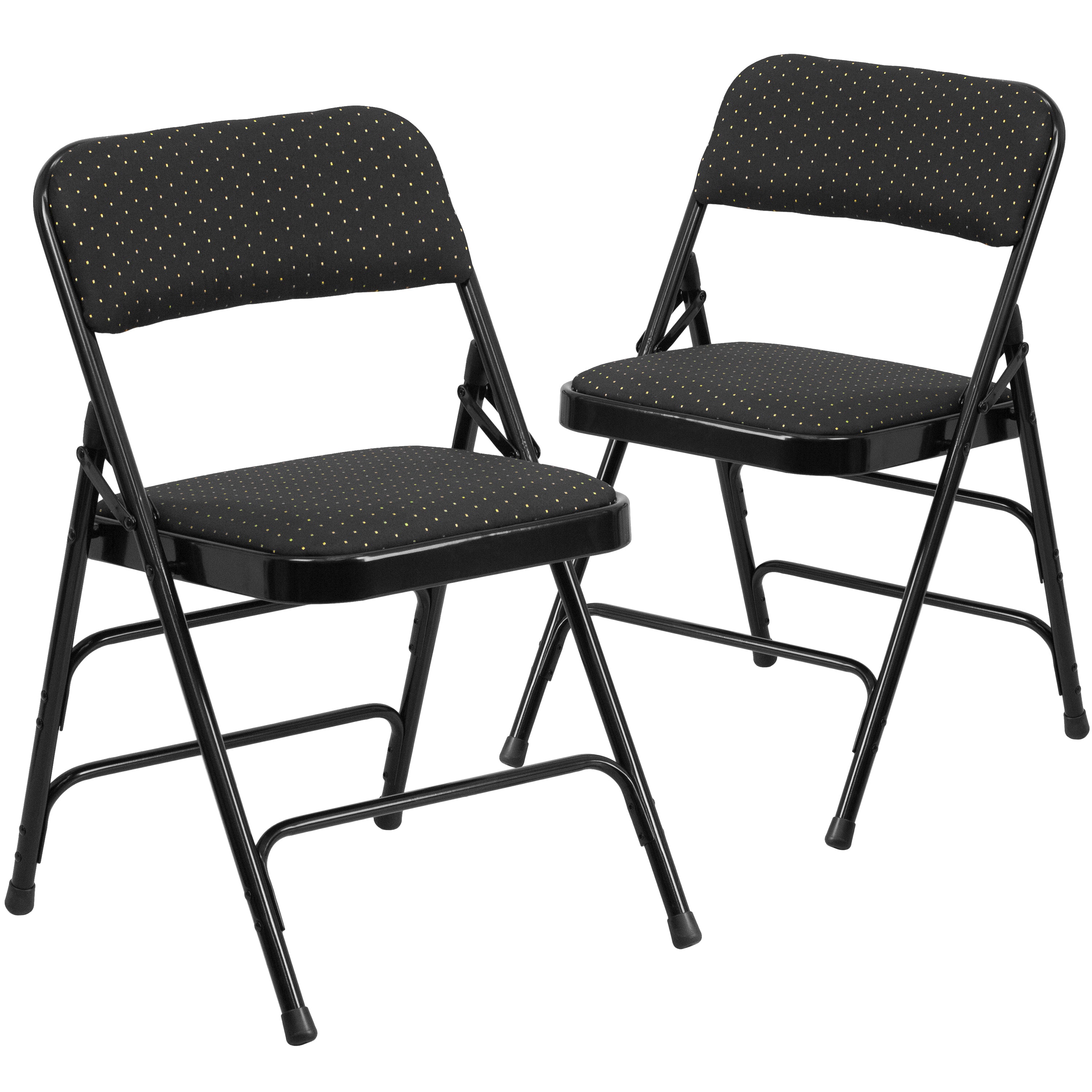 2 Pack HERCULES Series Curved Triple Braced & Double Hinged Black Patterned Fabric Metal Folding Chair