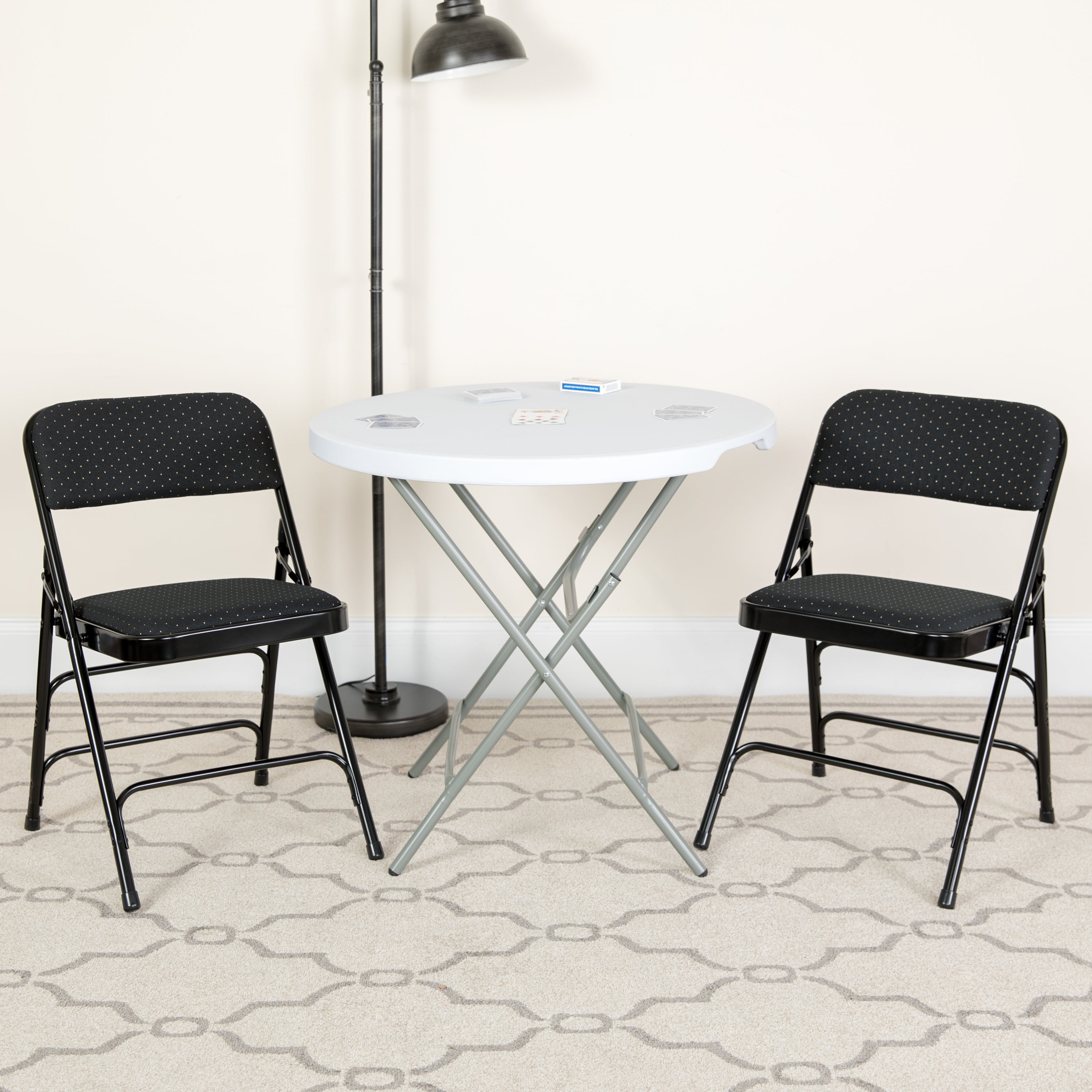 2 Pack HERCULES Series Curved Triple Braced & Double Hinged Black Patterned Fabric Metal Folding Chair