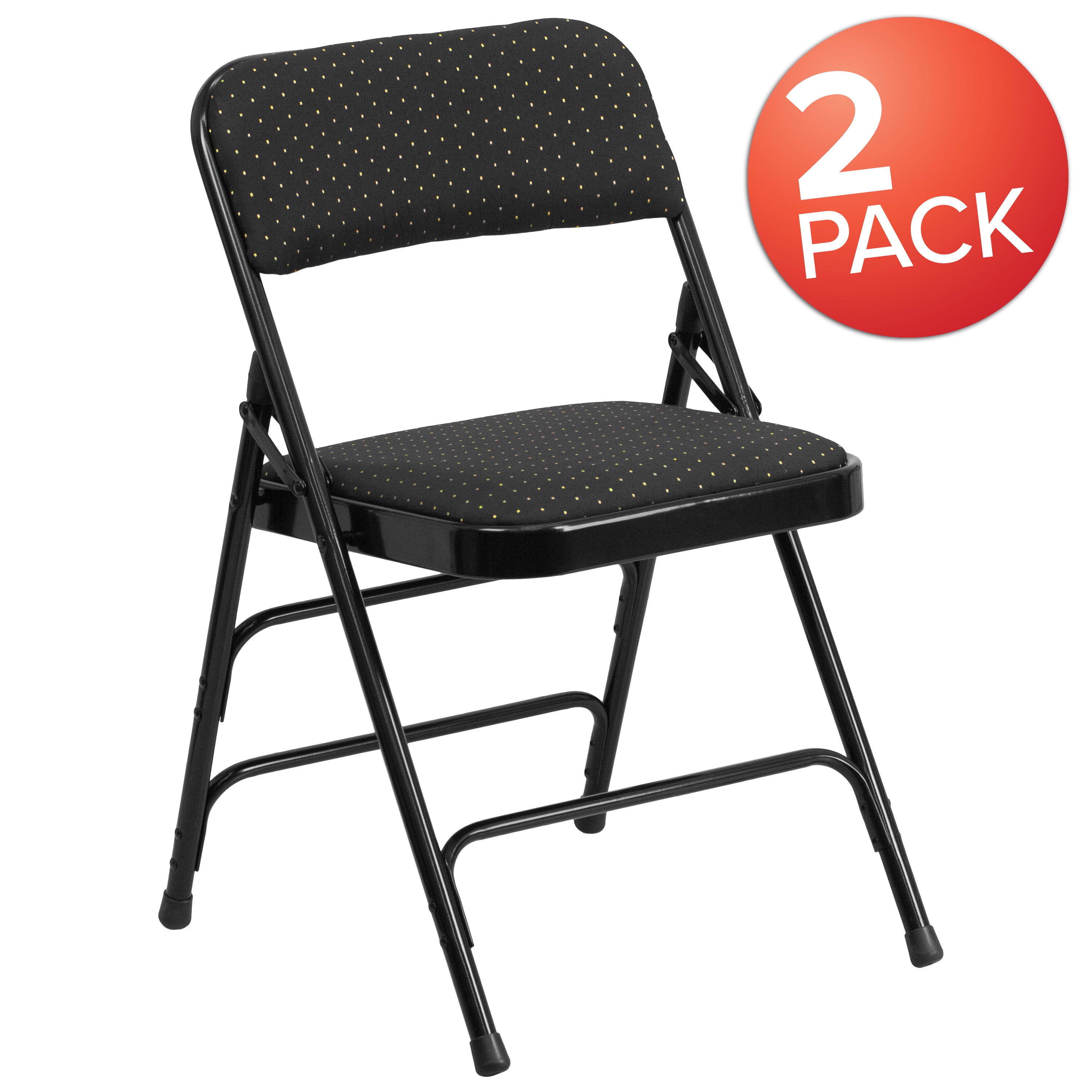 2 Pack HERCULES Series Curved Triple Braced & Double Hinged Black Patterned Fabric Metal Folding Chair