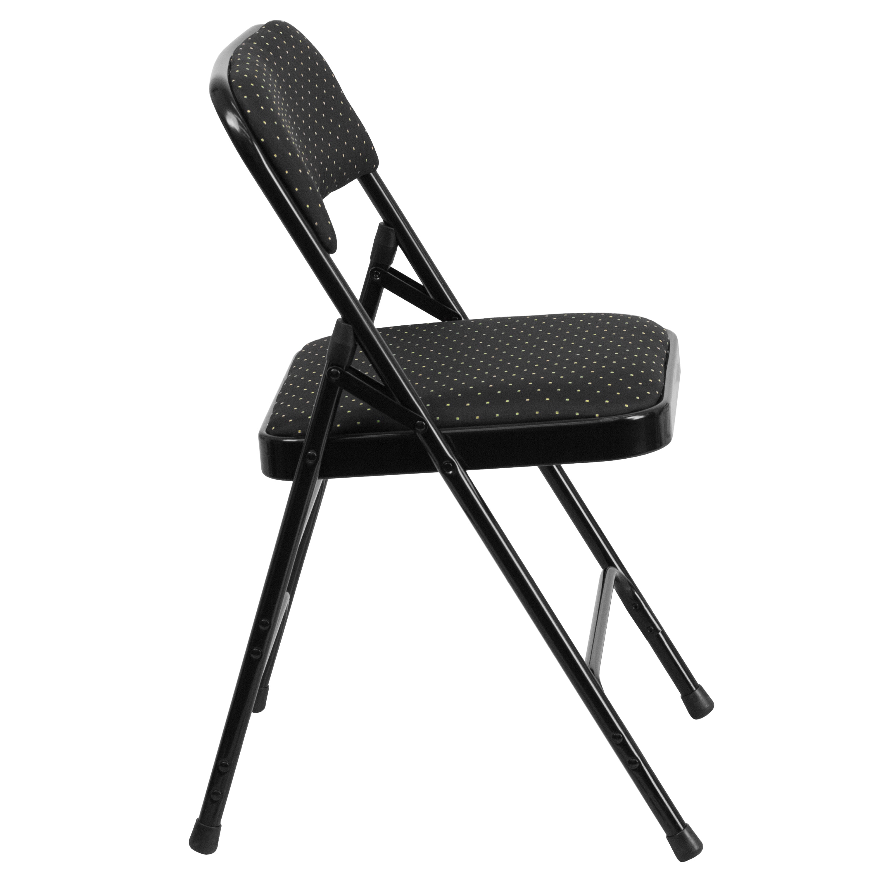 2 Pack HERCULES Series Curved Triple Braced & Double Hinged Black Patterned Fabric Metal Folding Chair