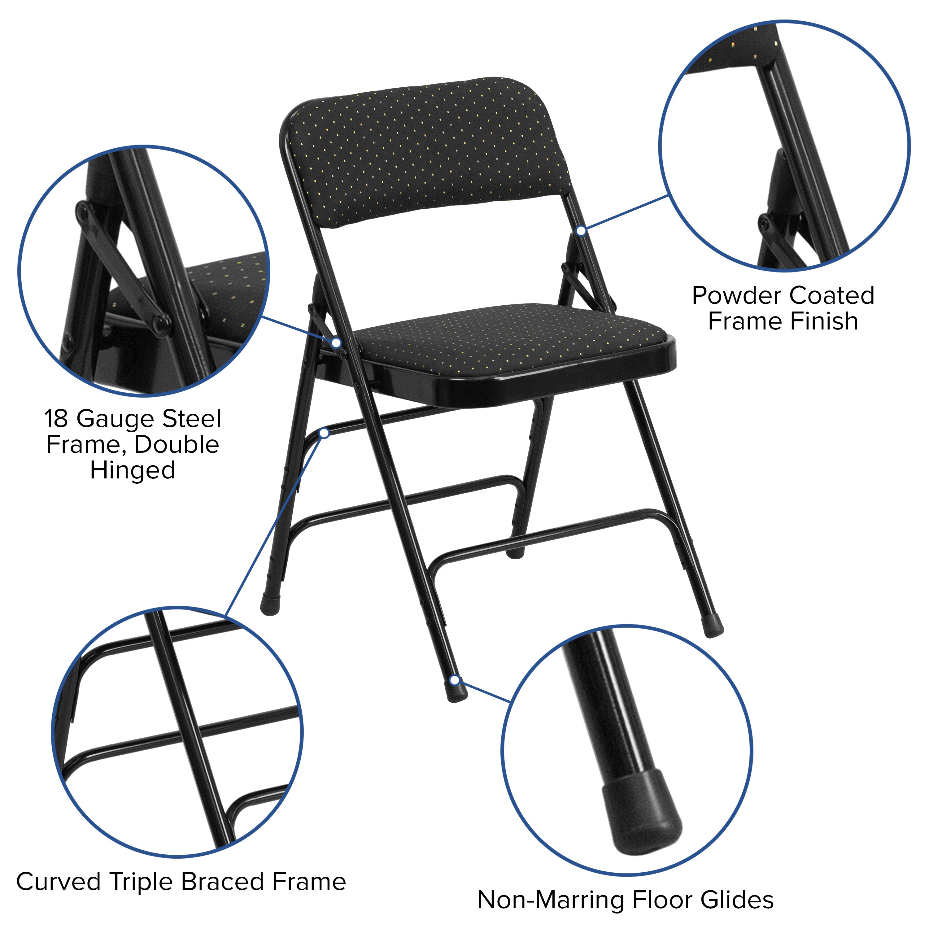 2 Pack HERCULES Series Curved Triple Braced & Double Hinged Black Patterned Fabric Metal Folding Chair